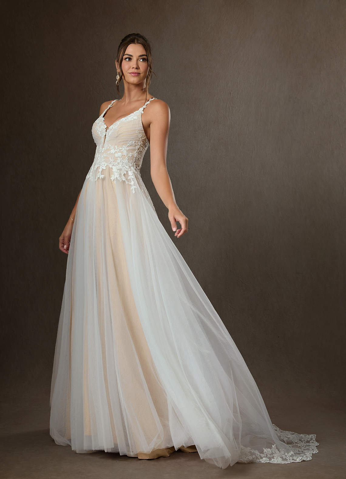 Azazie Devi Diamond White Champagne A-Line V-Neck Lace Tulle Dress