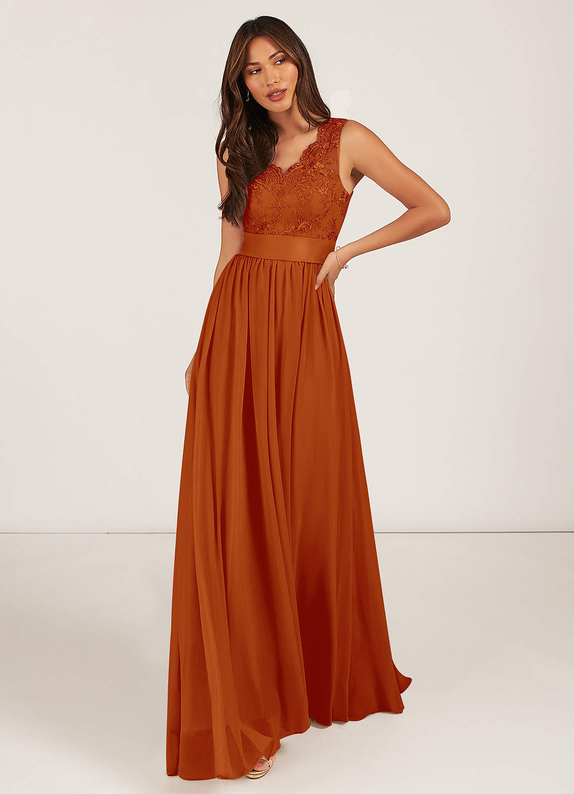 Azazie Gertrude Bridesmaid Dresses Paprika A-Line Lace Chiffon Dress image1