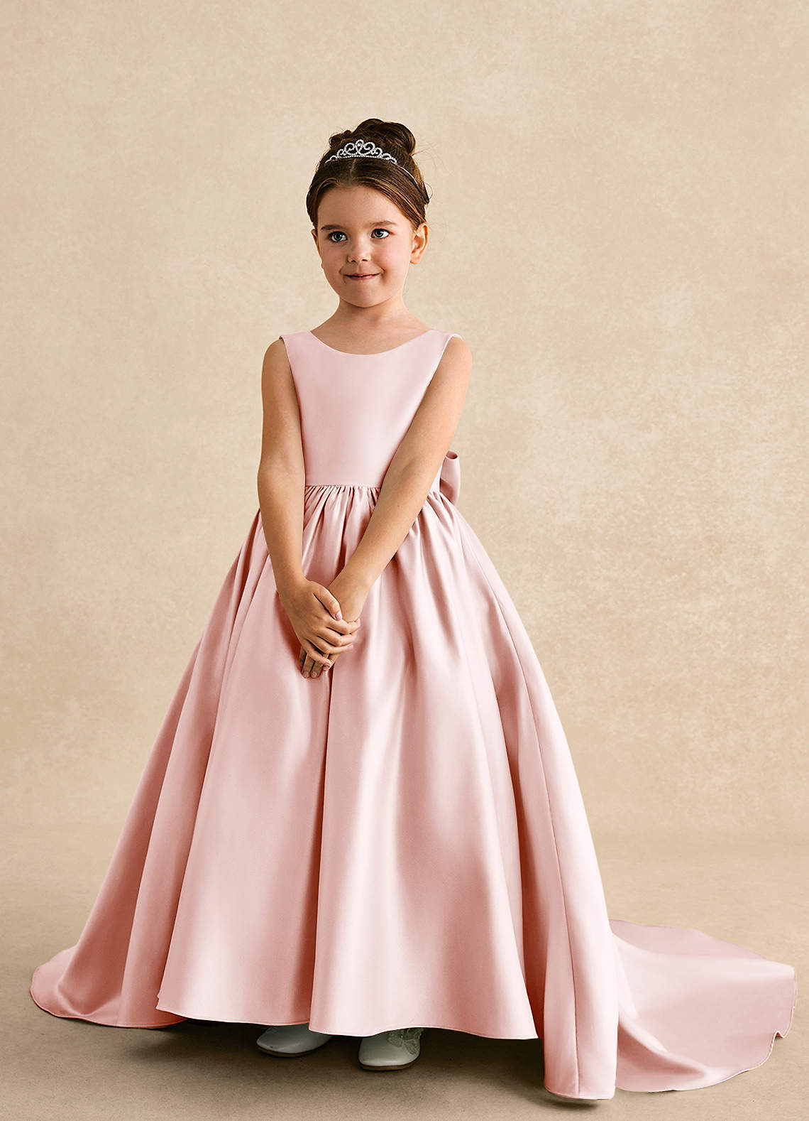 Azazie Mimia Robe Demoiselle D'honneur Fillette Robe Trapèze en Mat Satiné Arc Rose Pâle image2