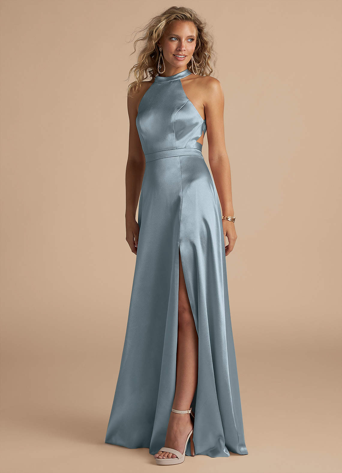 Azazie Clarice At-home Try On Dresses Auburn A-Line High Neck Metallic Satin Dress image1