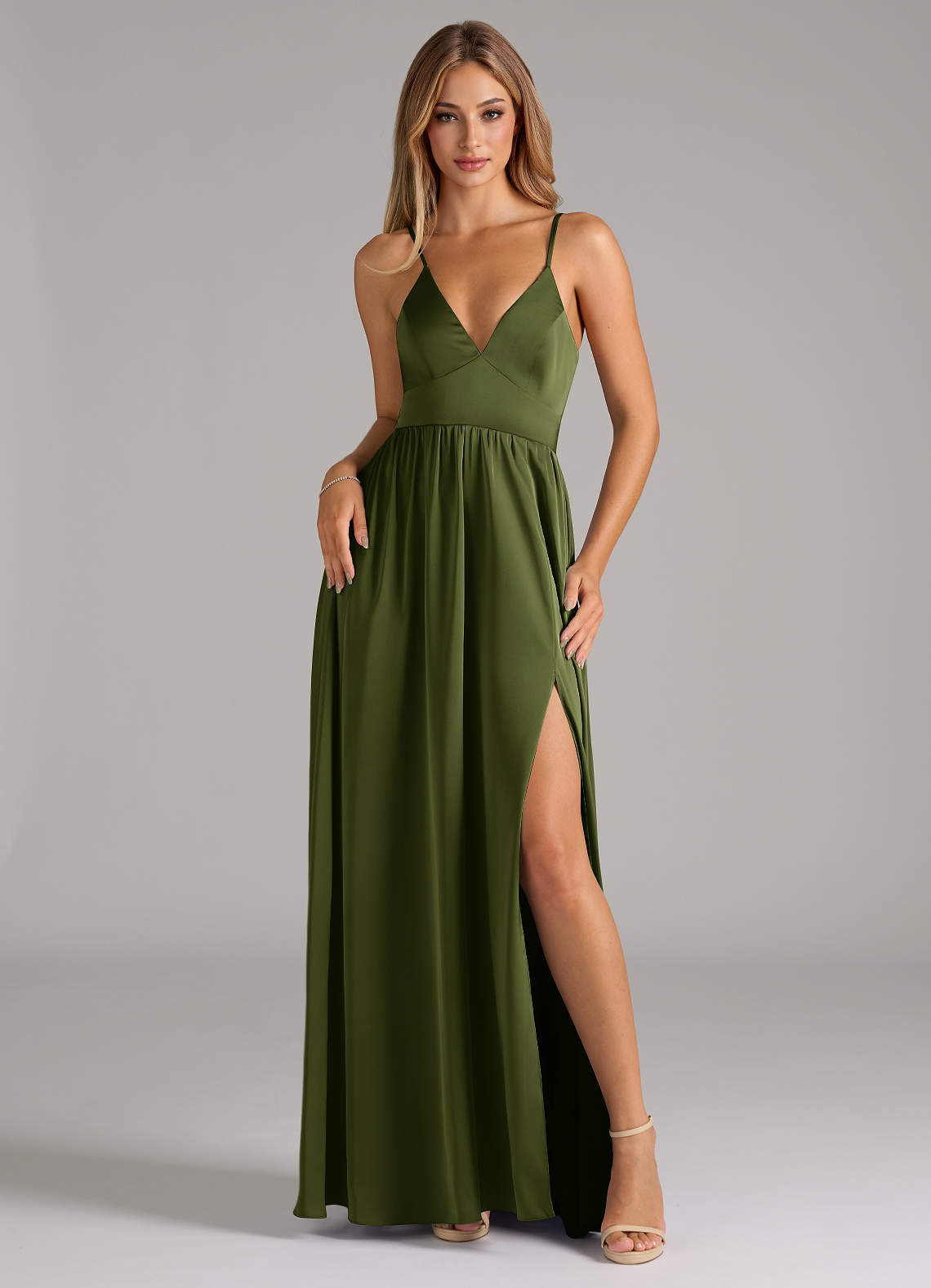 Azazie Aaida Bridesmaid Dresses Olive A-Line Corset Stretch Satin Dress image1