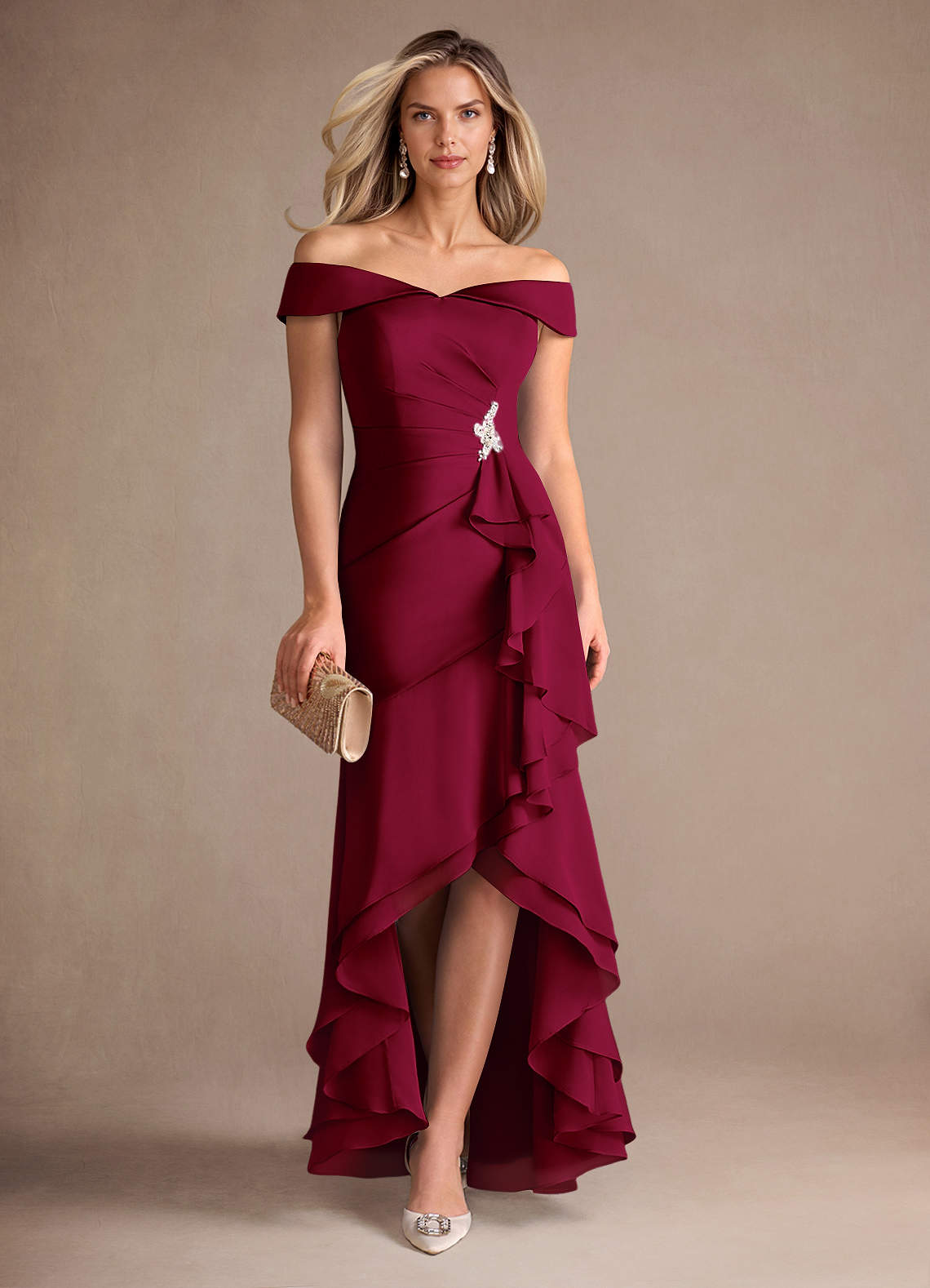 Azazie Billings Mother of the Bride Dresses Burgundy Mermaid Off the Shoulder Stretch Satin Dress image1