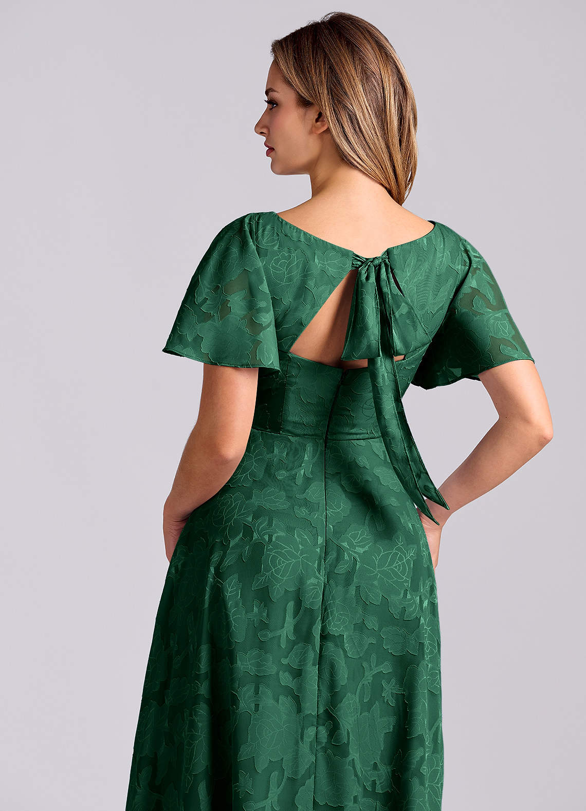 Azazie Kimber Bridesmaid Dresses Dark Green A-Line with Pockets Floral Burnout Dress image1