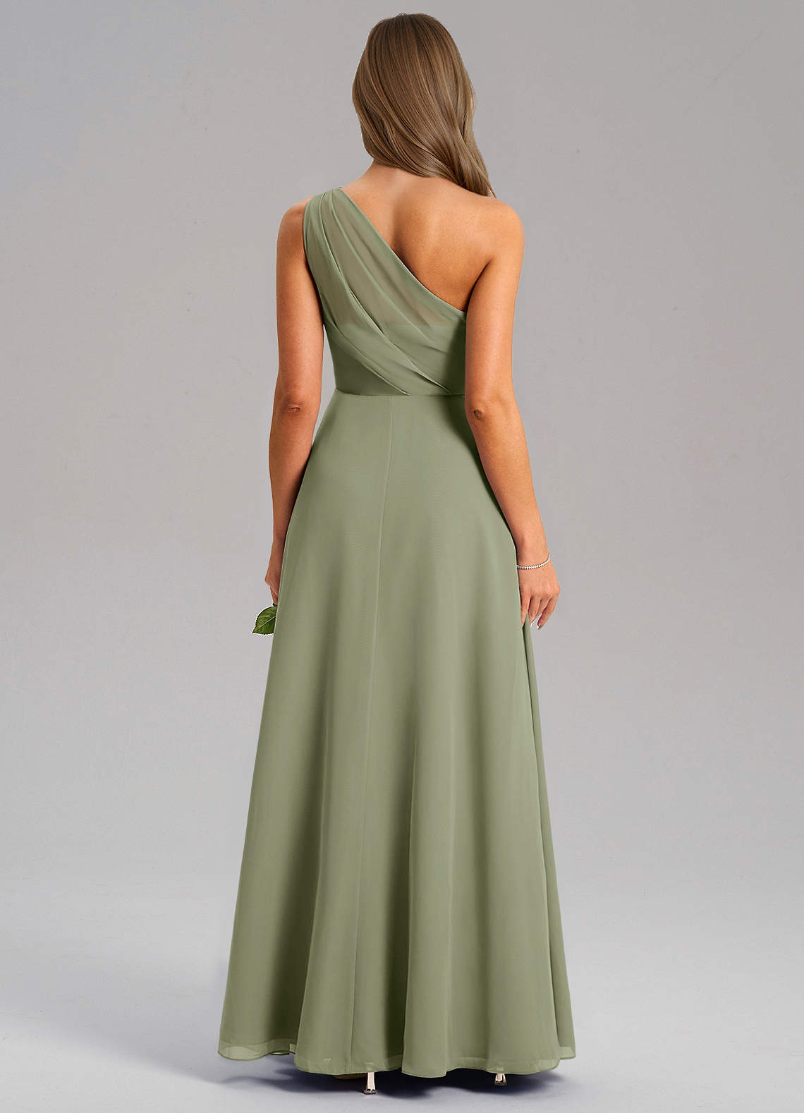 Azazie Phaedra Vestidos de madrinha de casamento Vestido Pistache de Chiffon de Linha A com Um ombro image1