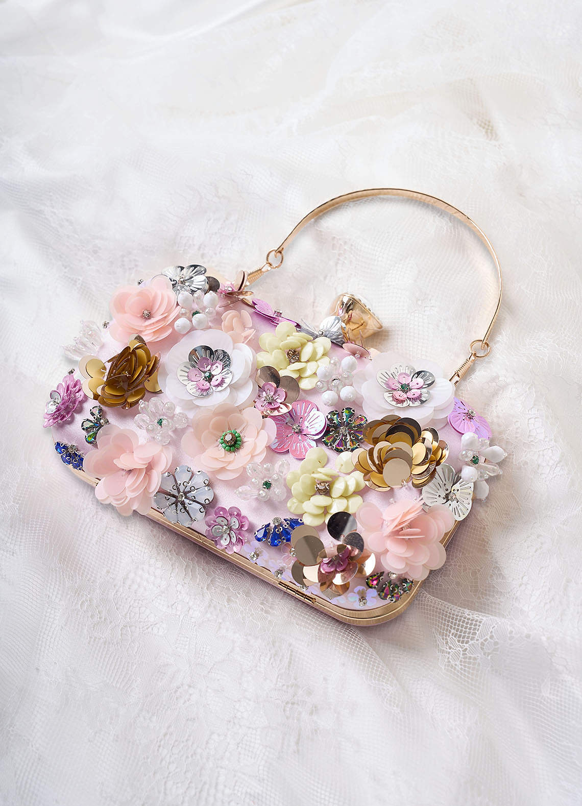 front Sequin Flower Embellished Clutch