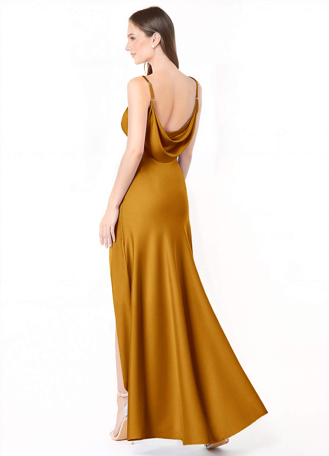 Azazie Alaija Bridesmaid Dresses Butterscotch Mermaid Side Slit Stretch Satin Dress image1