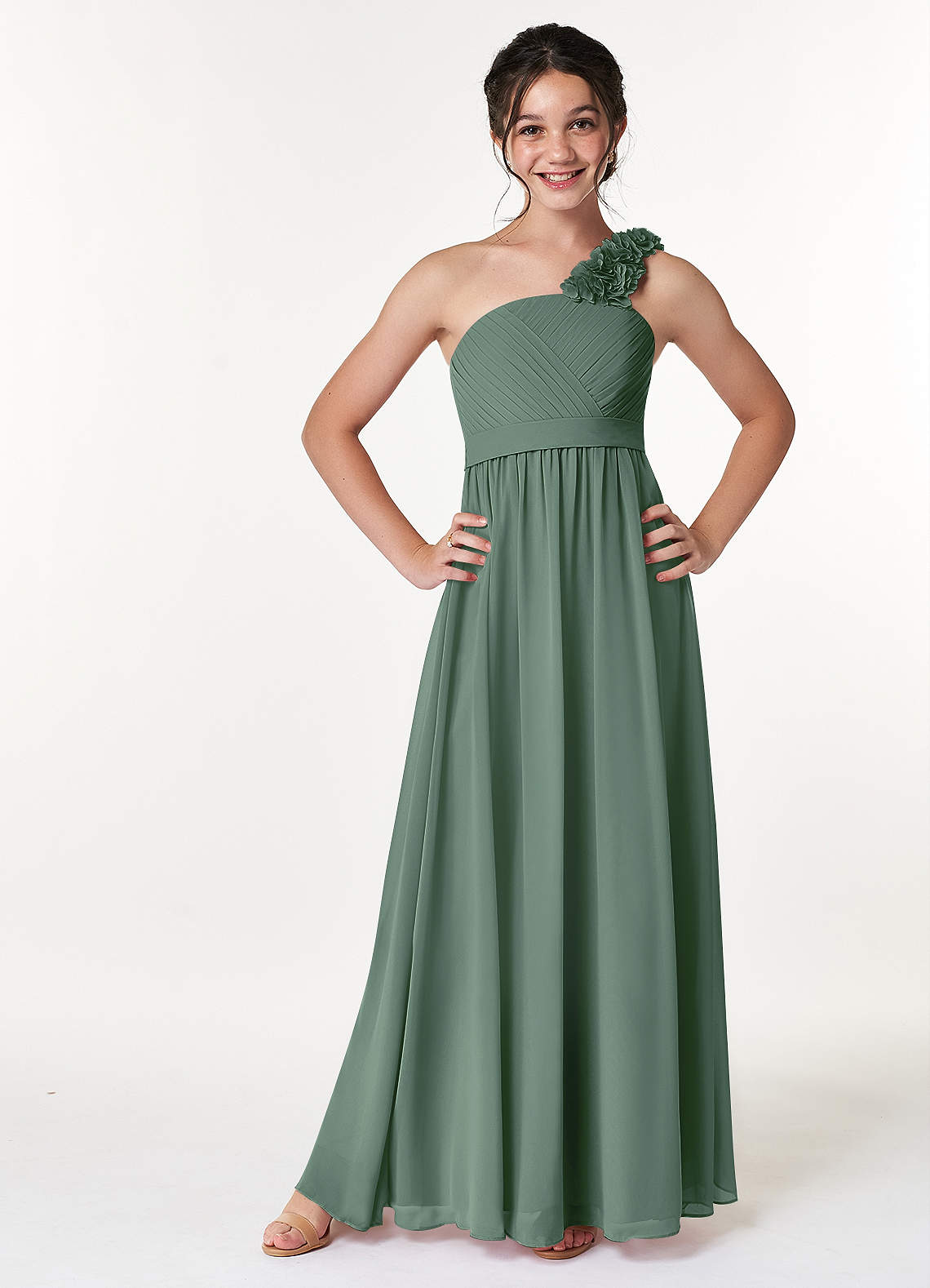 Azazie Flower Junior Eucalyptus A-Line Pleated Chiffon Dress image1