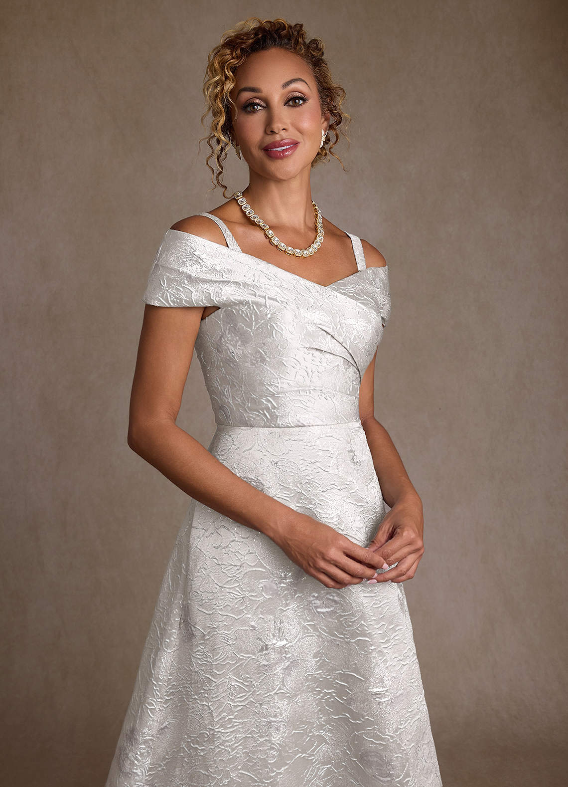 Azazie Lacey Silver Jacquard A-Line Off the Shoulder Floral