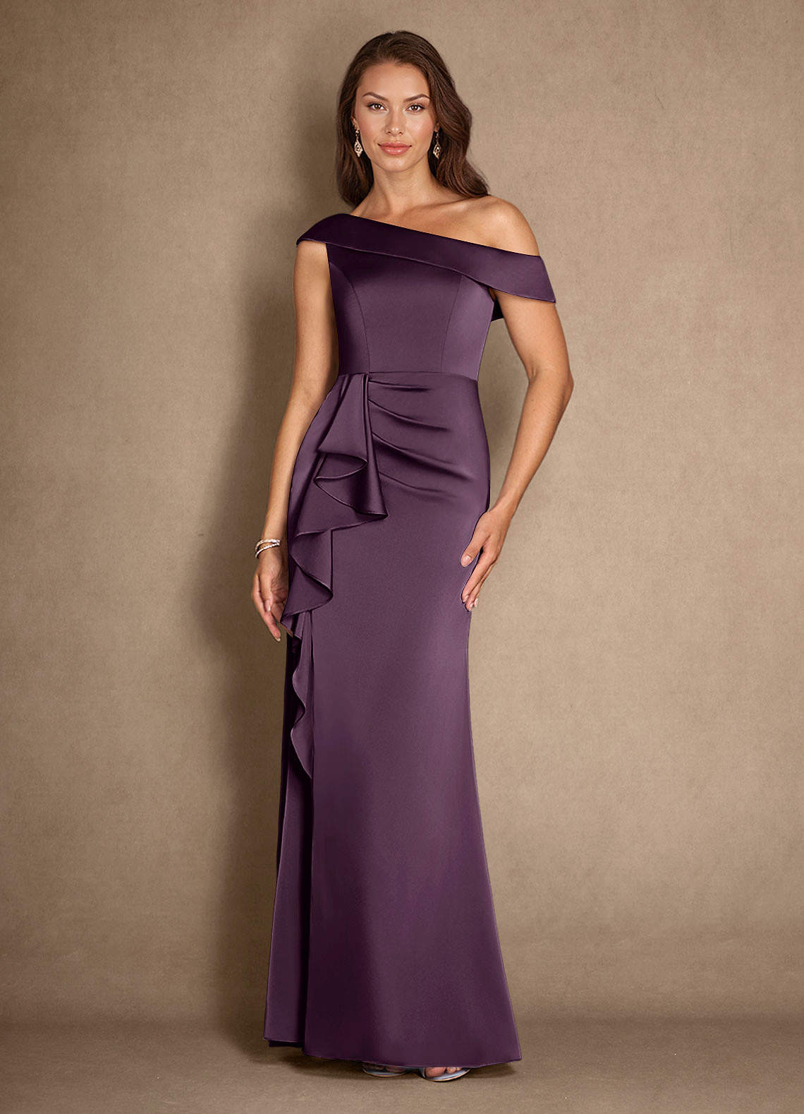 Azazie Hamptons Plum A-Line Pleated Stretch Satin Dress | Azazie