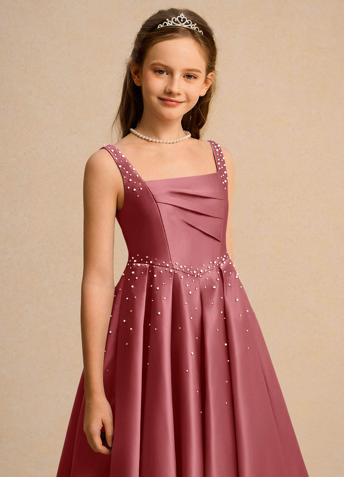 Azazie Mochi Girls Formal Vestidos de florista Vestido Rosa Antiga de Cetim fosco de Vestido de baile com Plissado image6