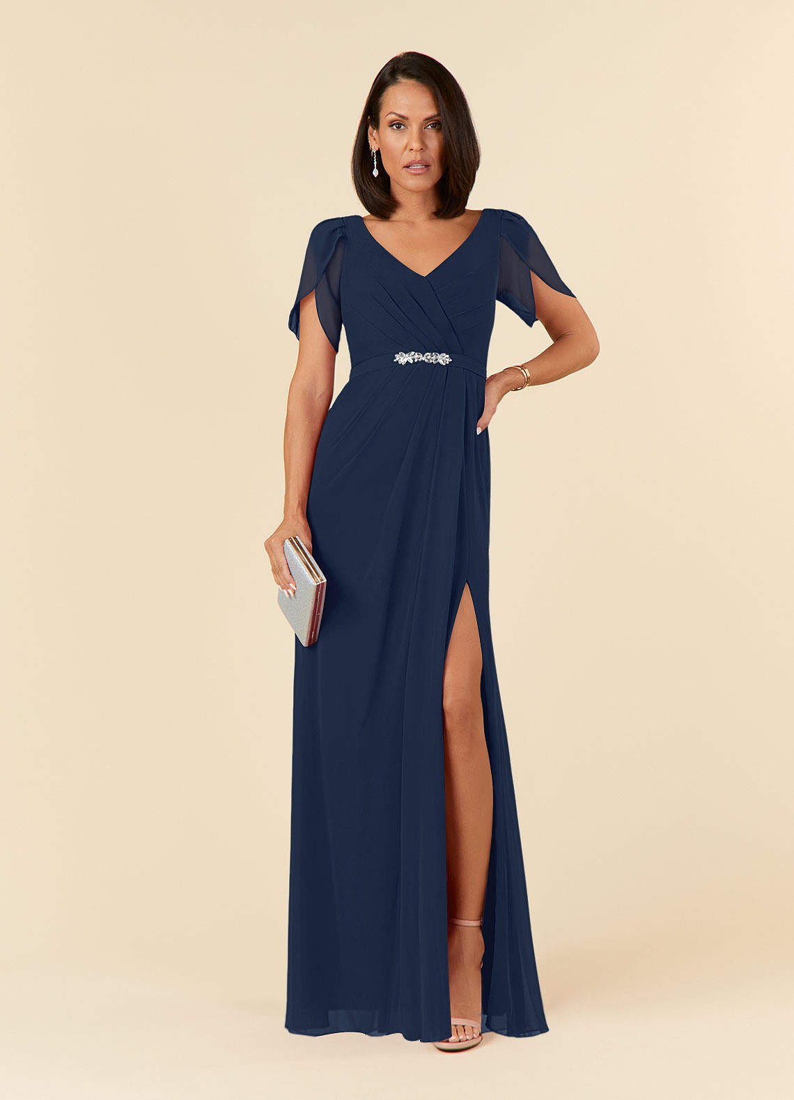 Azazie Marianne Mother of the Bride Dresses Dark Navy Sheath V-Neck Pleated Chiffon Dress image1