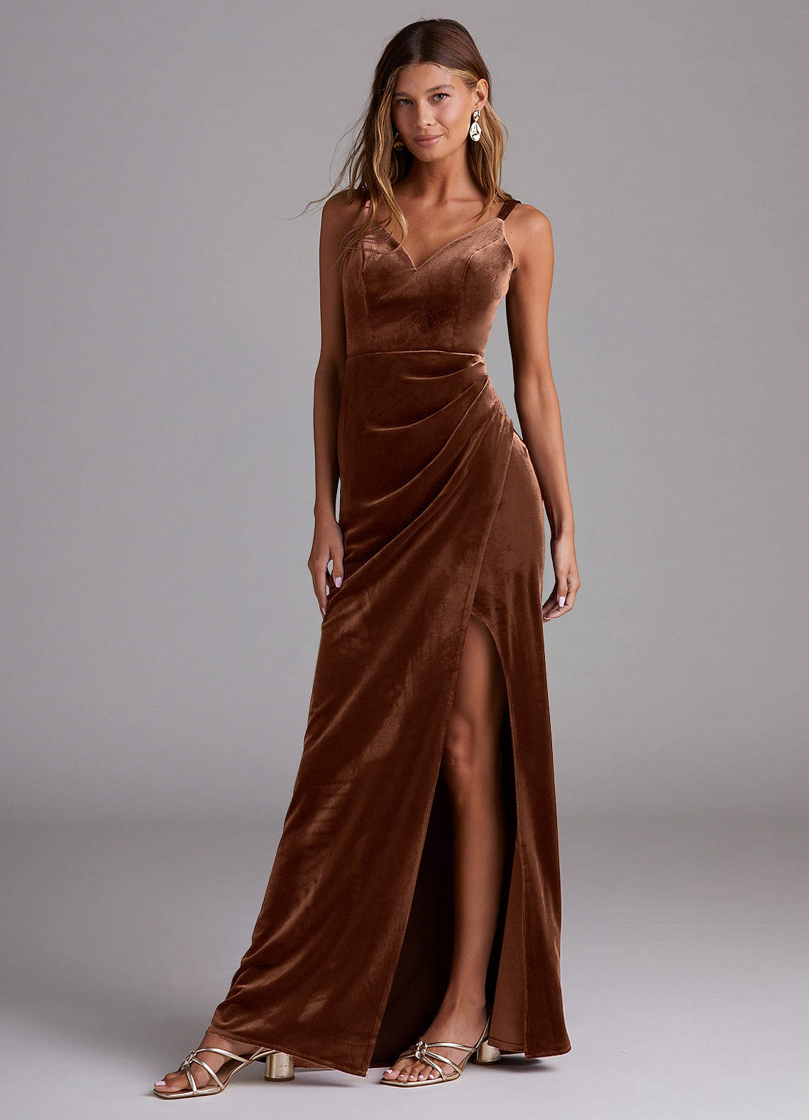 Azazie Leo Bridesmaid Dresses Umber Sheath Pleated Velvet Dress image1