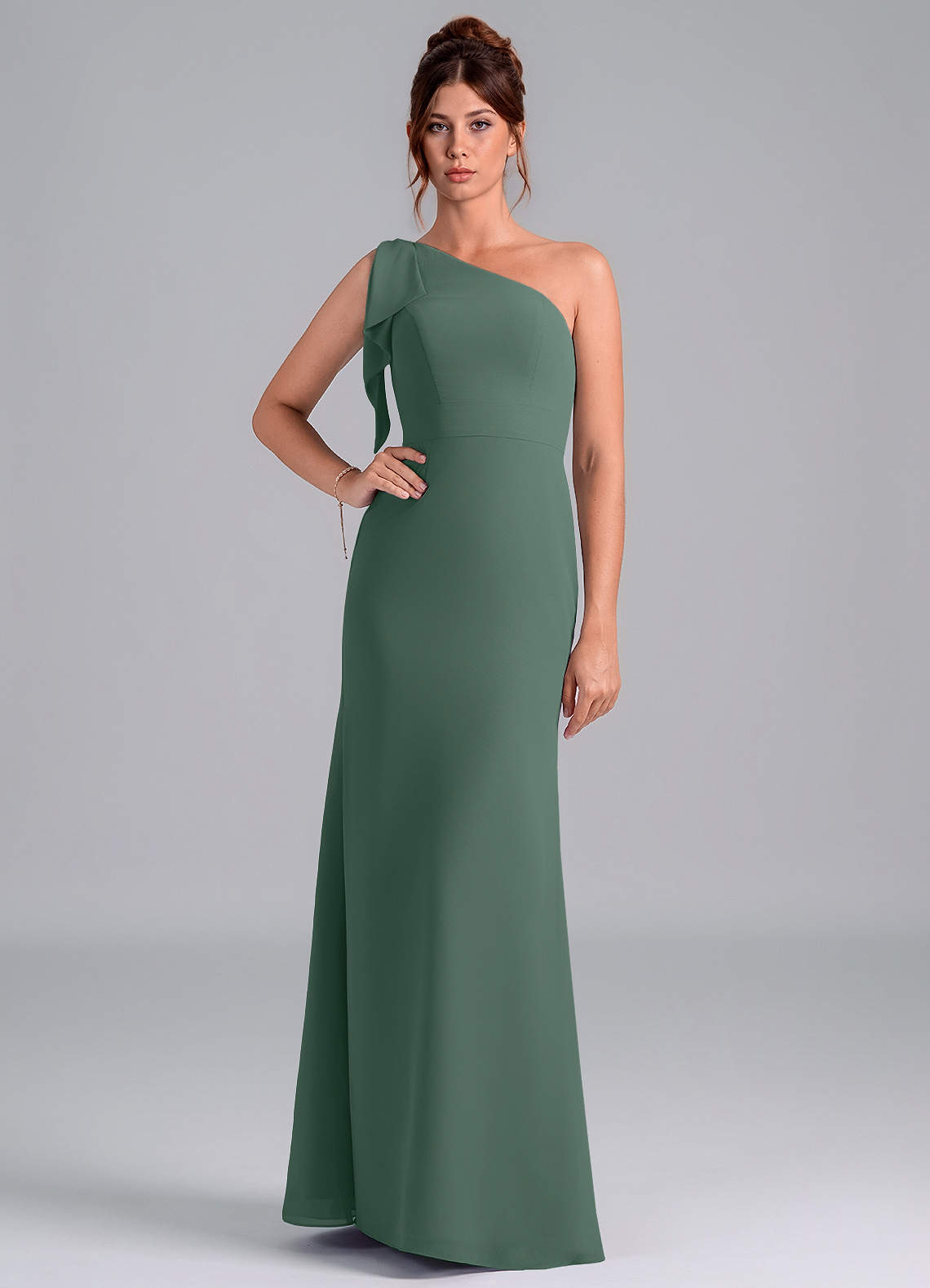 Azazie Rinna Bridesmaid Dresses Sea Moss Mermaid One Shoulder Chiffon Dress image1