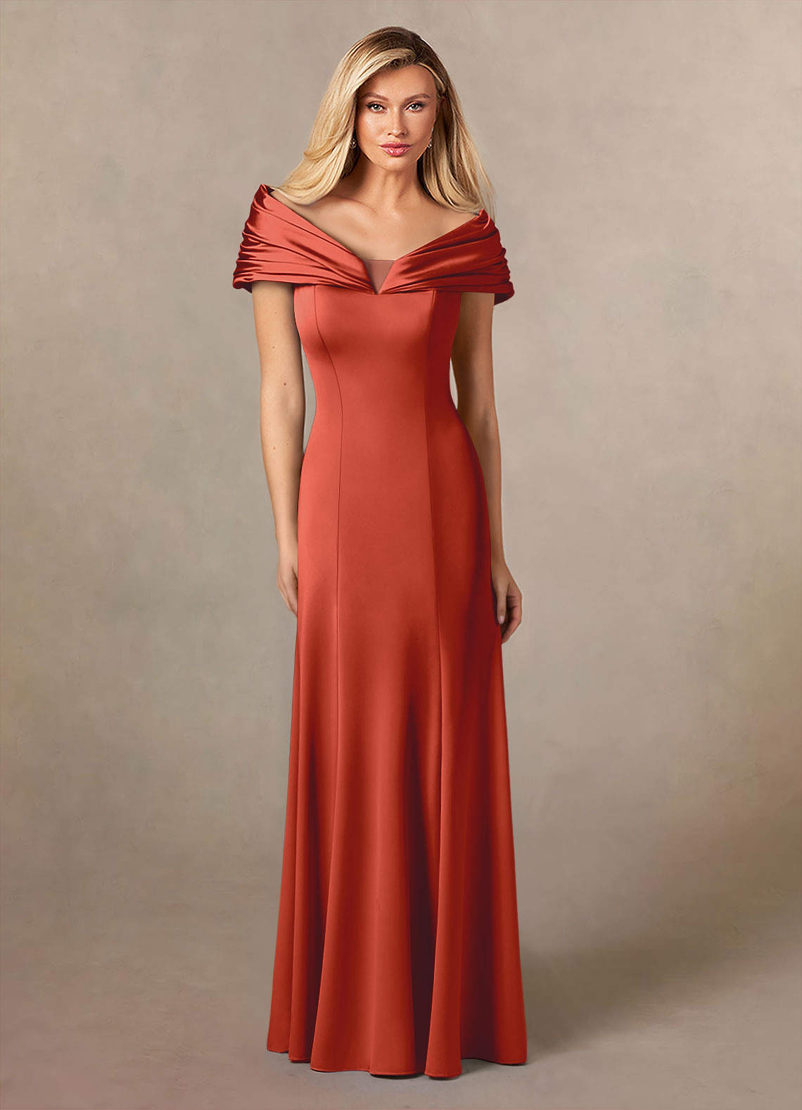 Azazie Auberdeen Mother of the Bride Dresses Rust Mermaid Pleated Stretch Satin Dress image1