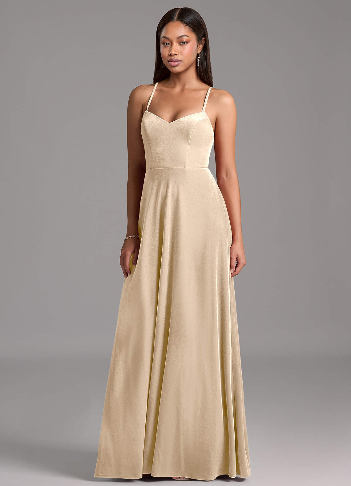 Azazie Mei Robes de demoiselle d'honneur Robe Trapèze en velours Corset Champagne image1