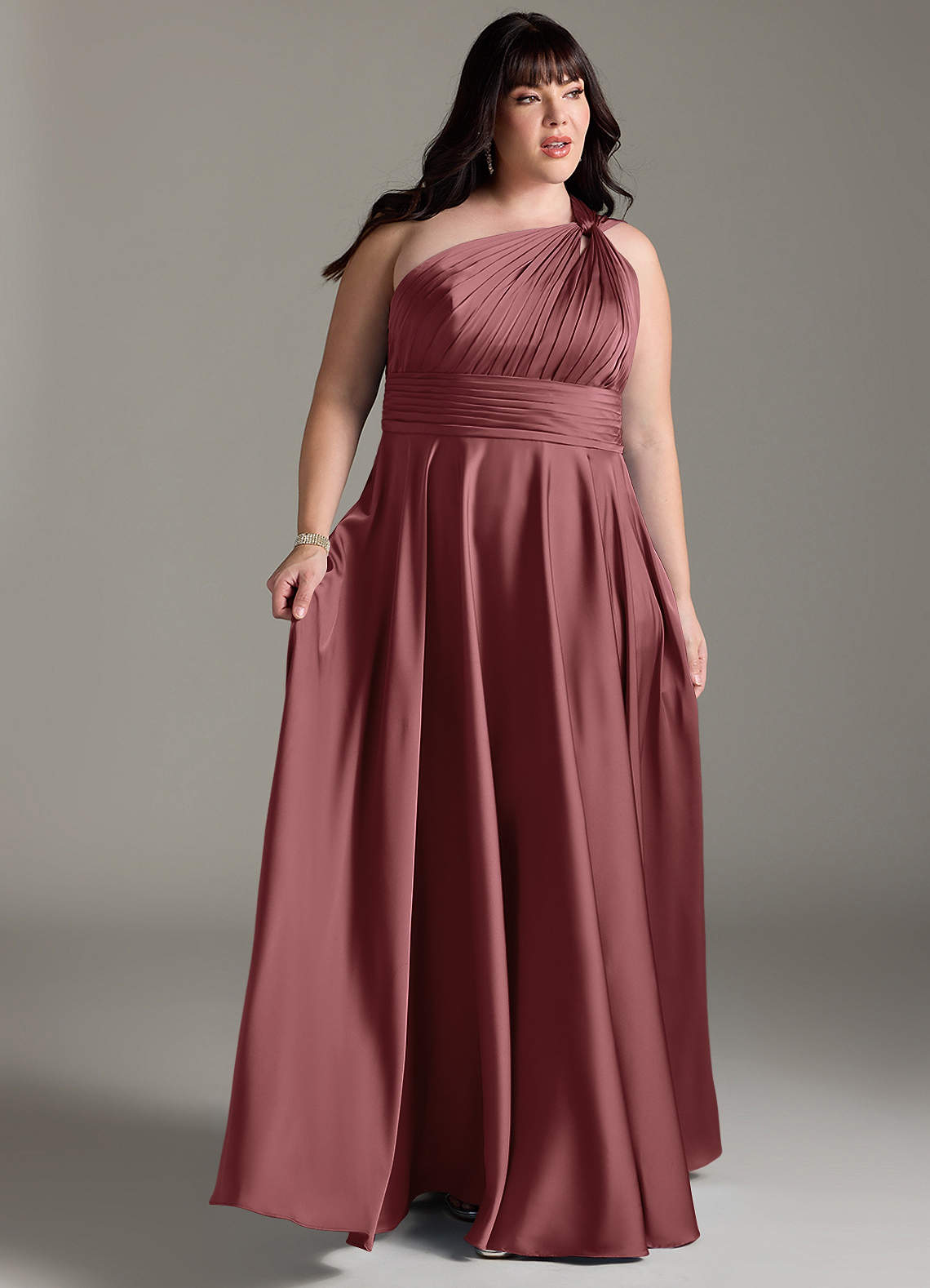Azazie Charlize Bridesmaid Dresses Amethyst A-Line One Shoulder Stretch Satin Dress image10
