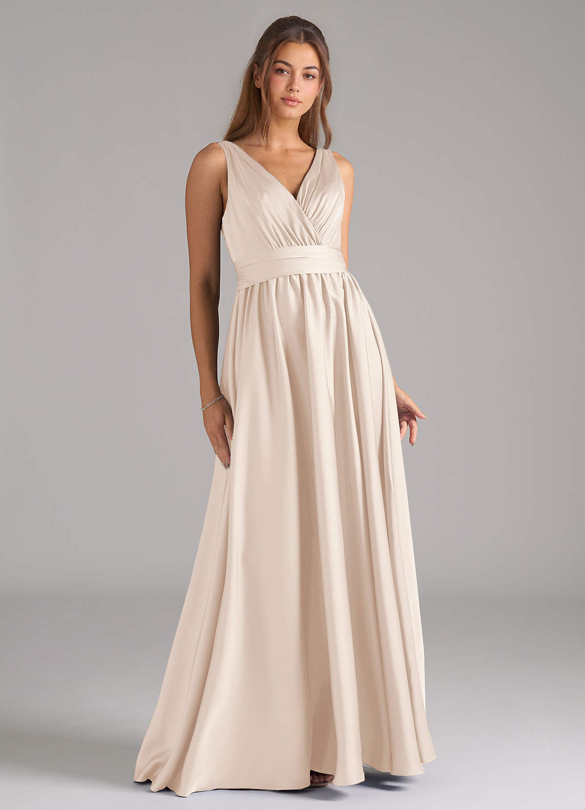 Azazie Kora Bridesmaid Dresses White Alabaster A-Line Pleated Stretch Satin Dress image1