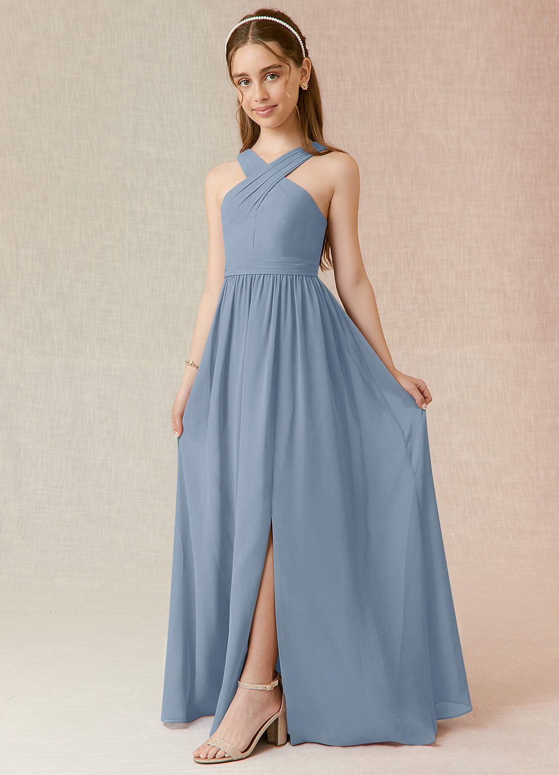 Azazie Jiya Junior Dusty Blue A-Line Pleated Chiffon Dress image1