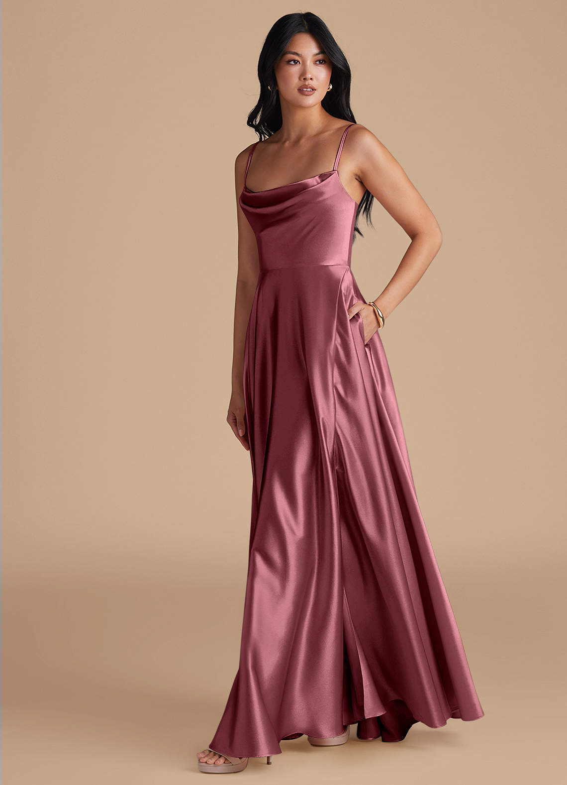 Azazie Elle Suknie dla druhen Linia A z kieszeniami Metaliczny satynowy Do ziemi Sukienka image5