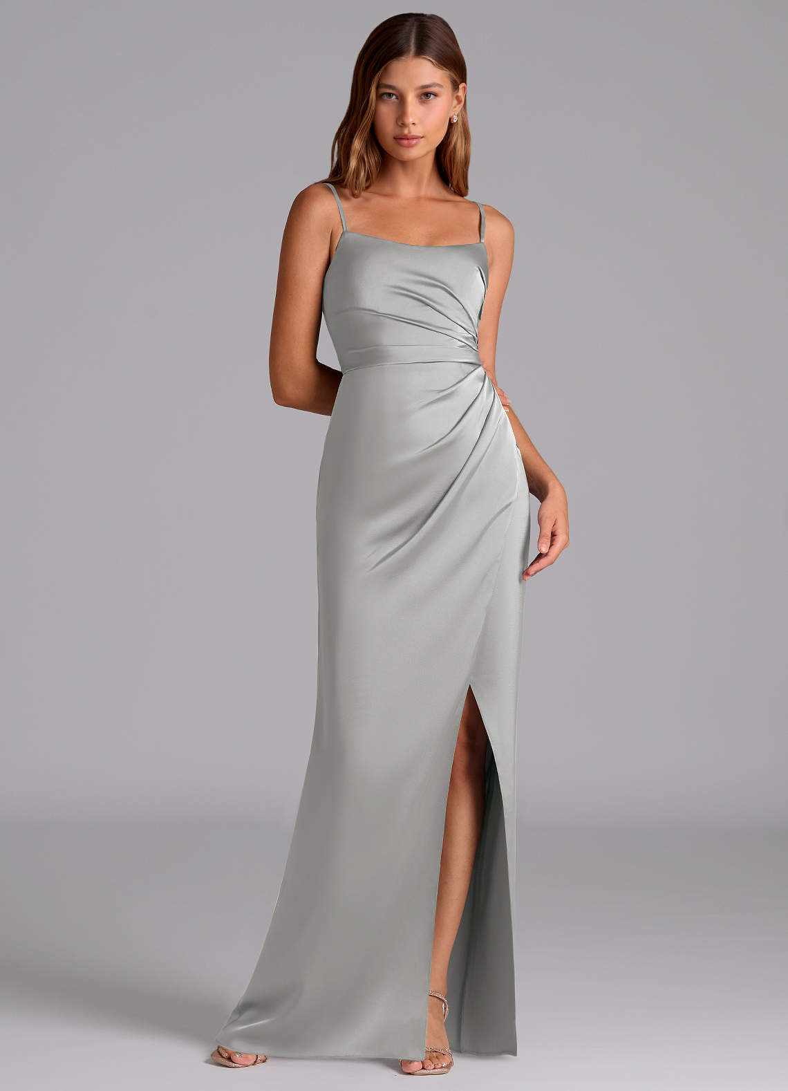 Azazie Calandra Jurken voor bruidsmeisjes Jurk van Stretch Satijn met A-Lijn Geplooid Zilver image1