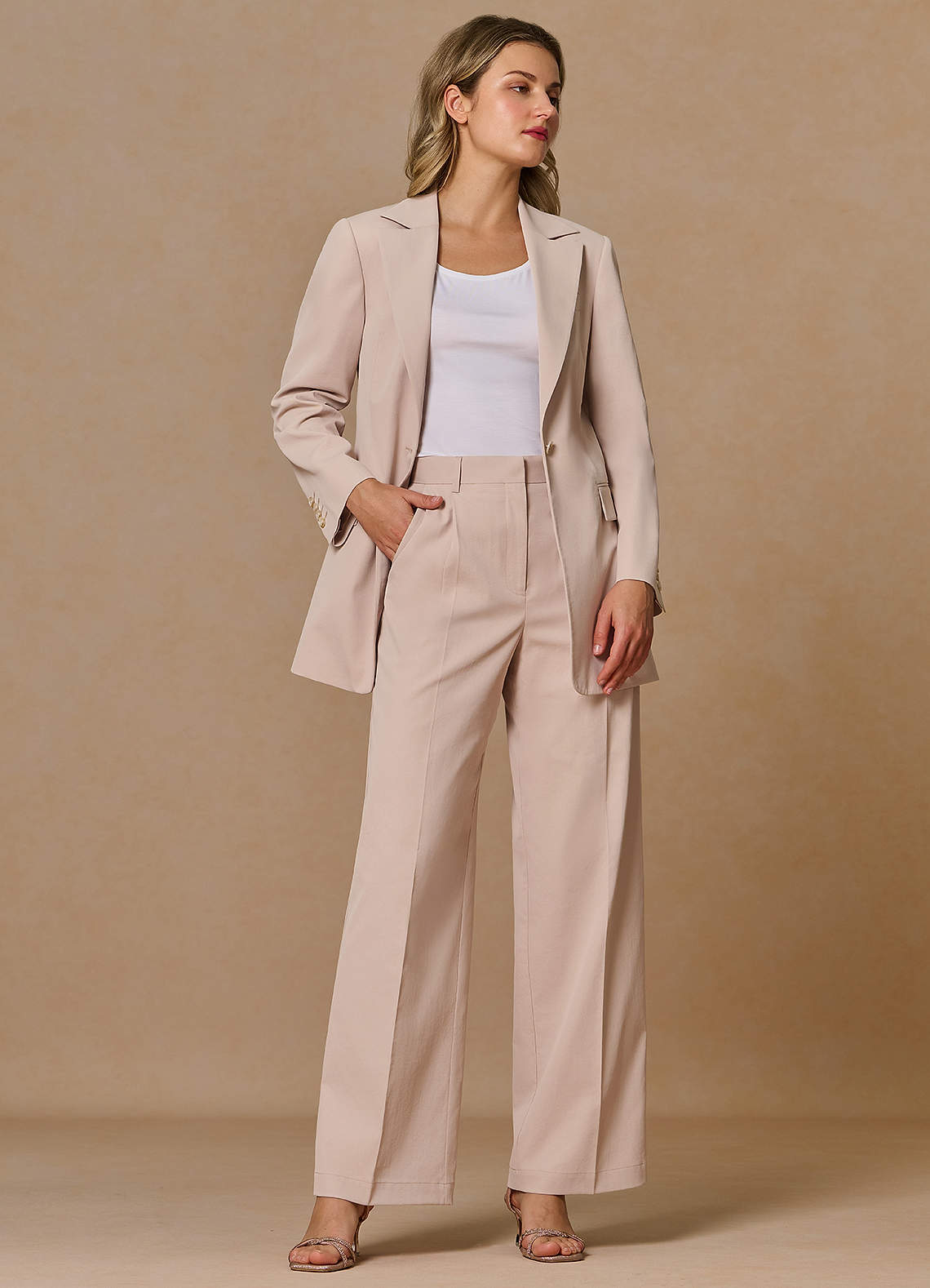 front Margaret Tan Cotton Linen Blend 2-Piece Suit