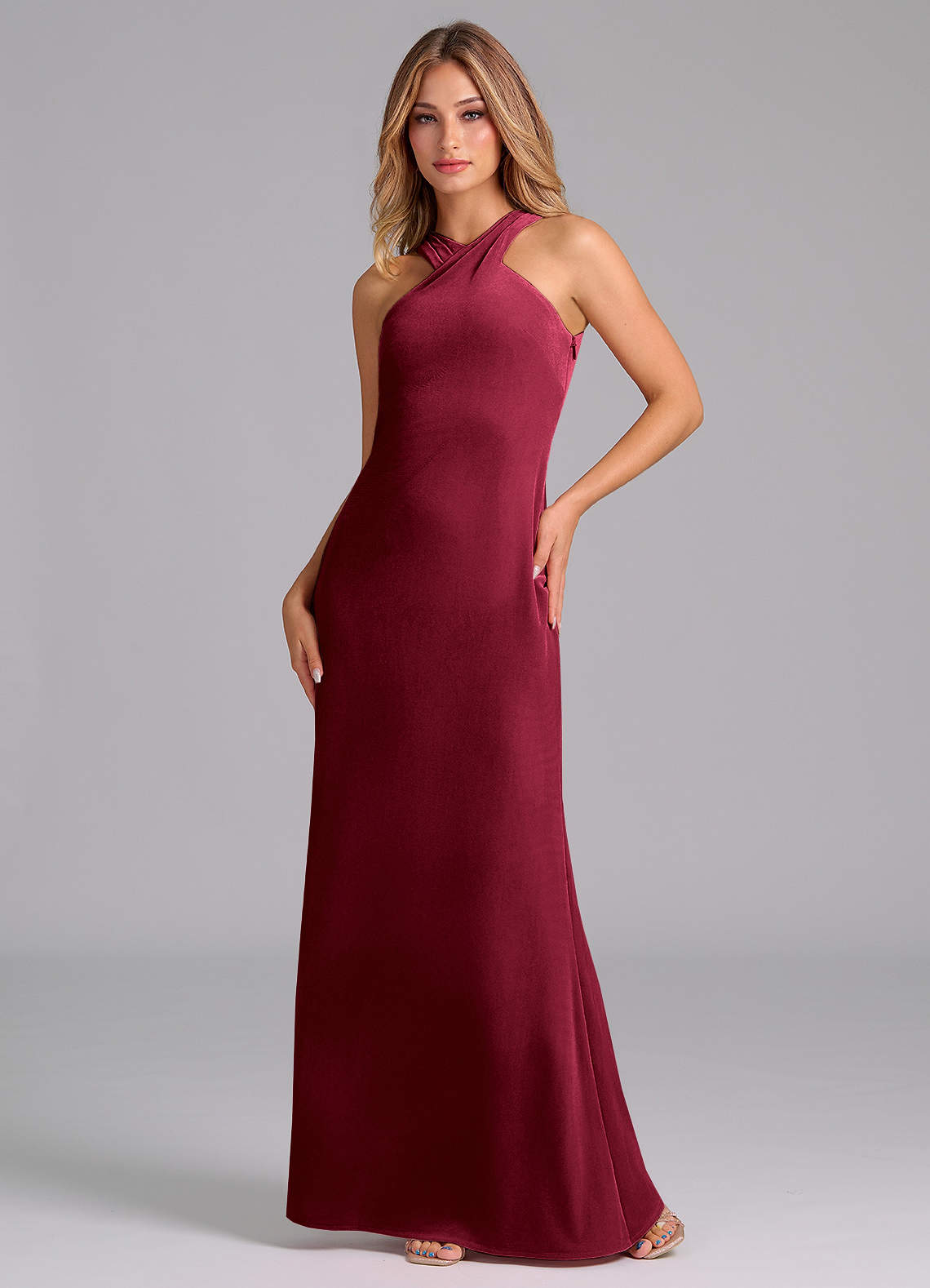 Azazie Doretta At-home Try On Dresses Burgundy Mermaid Pleated Velvet Dress image1