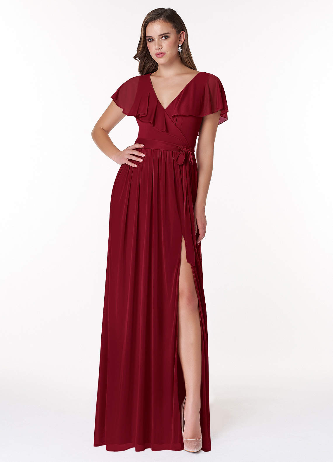 Azazie Jael Bridesmaid Dresses Burgundy A-Line V-Neck Mesh Dress image1