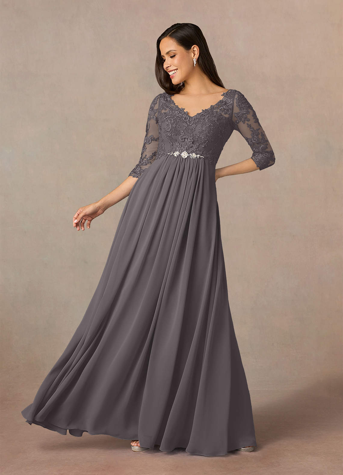 Azazie Hayek Mother of the Bride Dresses Steel Grey A-Line V-Neck Lace Chiffon Dress image1