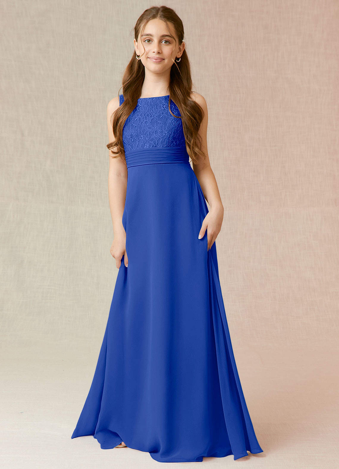 Azazie Snow Junior Robe Trapèze en Mousseline de soie Dentelle Bleu Roi image1