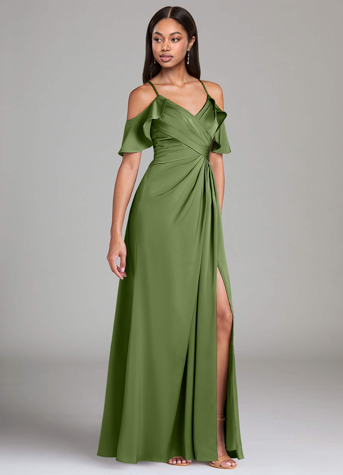 Azazie Dakota Bridesmaid Dresses Juniper A-Line Off the Shoulder Stretch Satin Dress image1