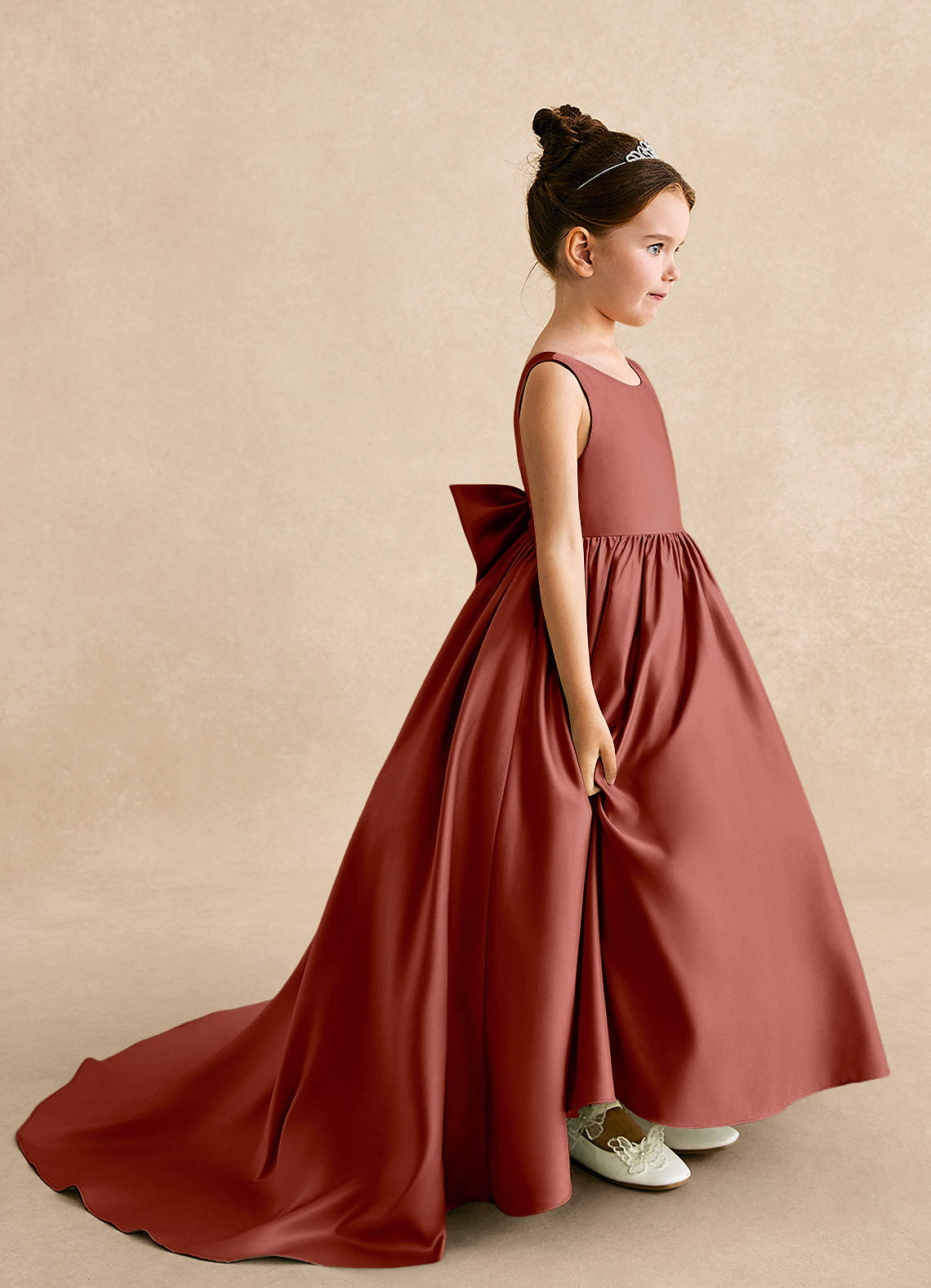 Azazie Mimia Flower Girl Dresses Auburn A-Line Bow Matte Satin Dress image1