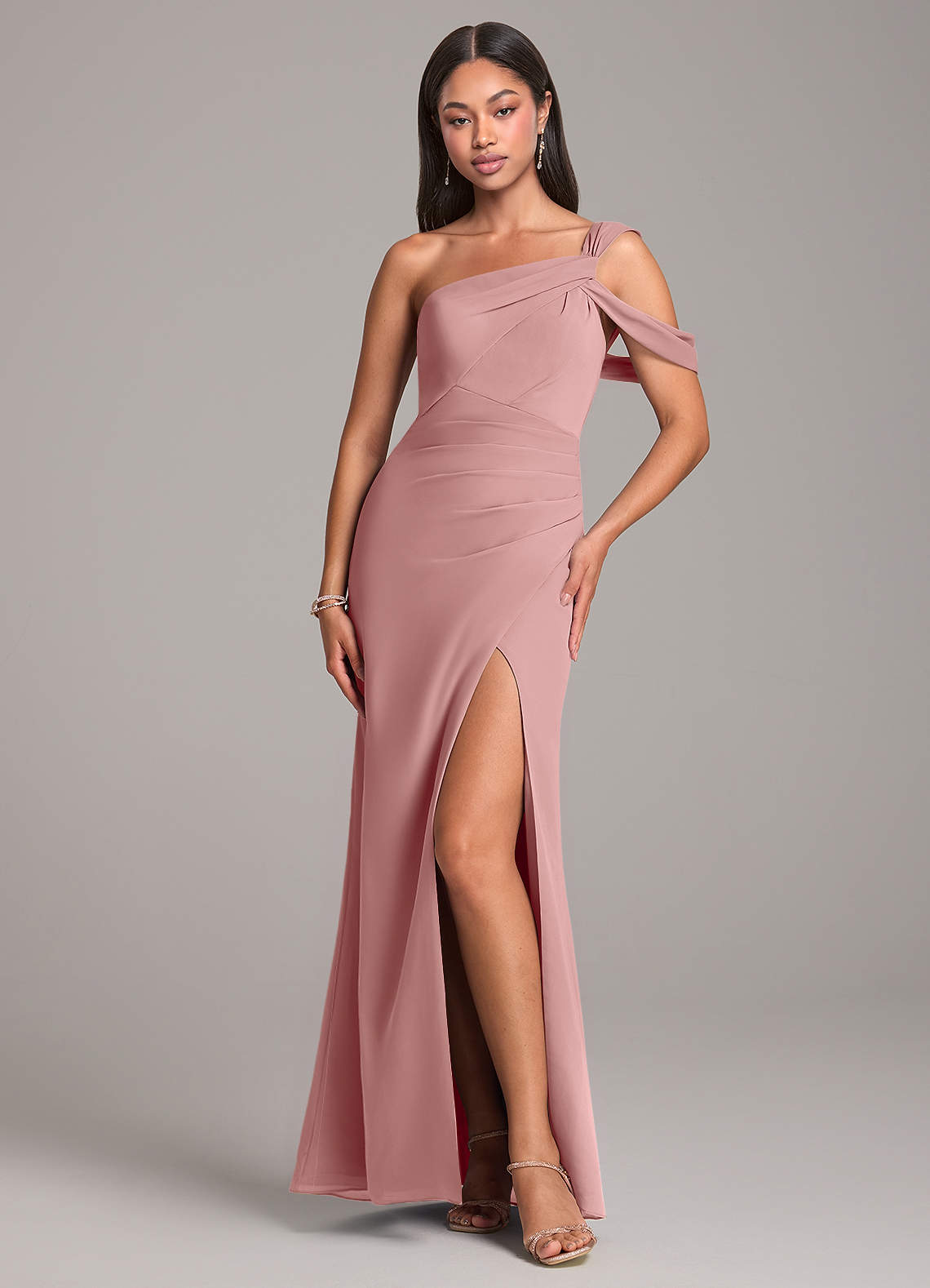 Azazie Wynter Bridesmaid Dresses Dusty Rose Sheath Off the Shoulder Chiffon Dress image1