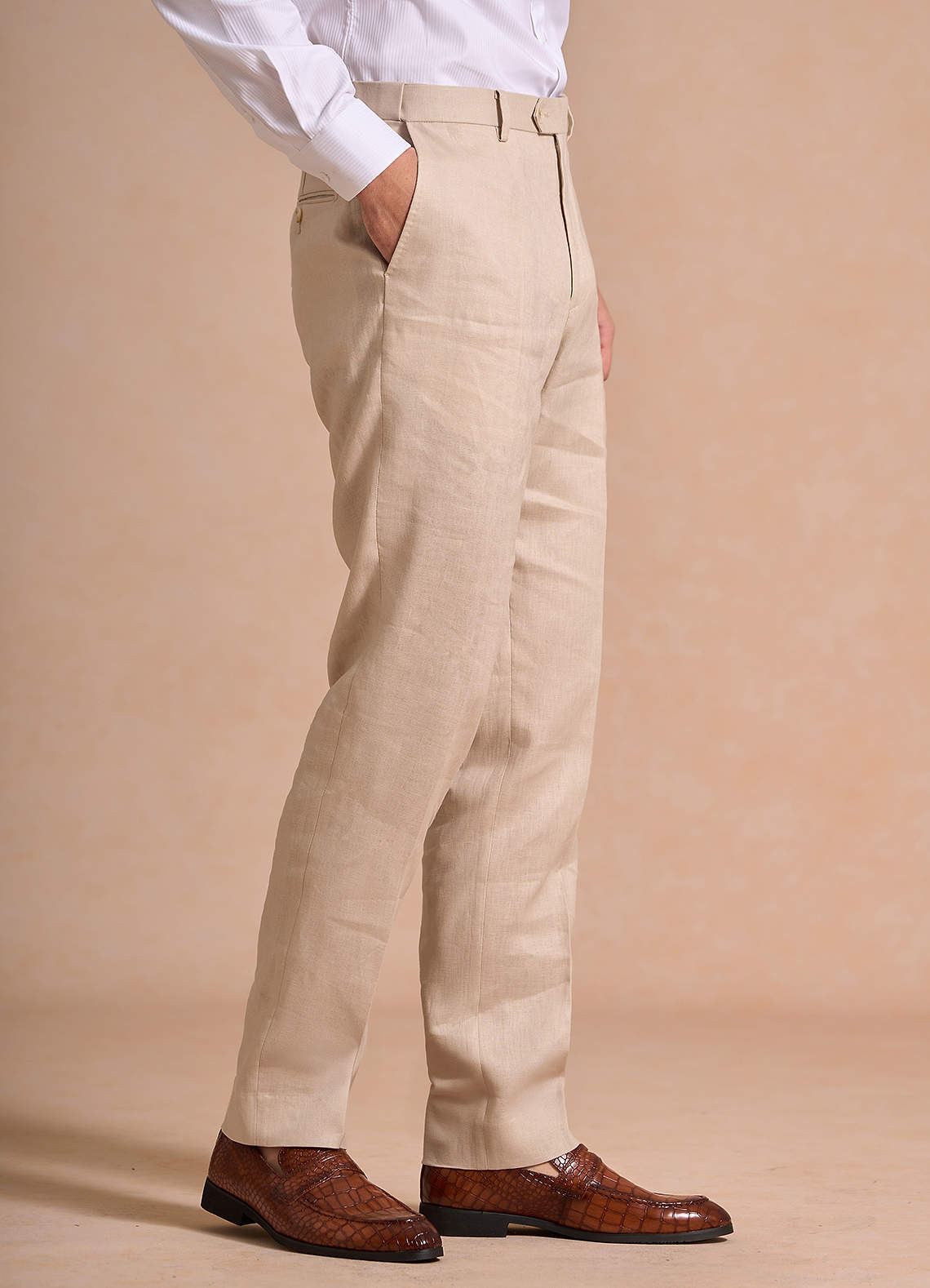 front Harrison Tan 100% Linen Dress Pants