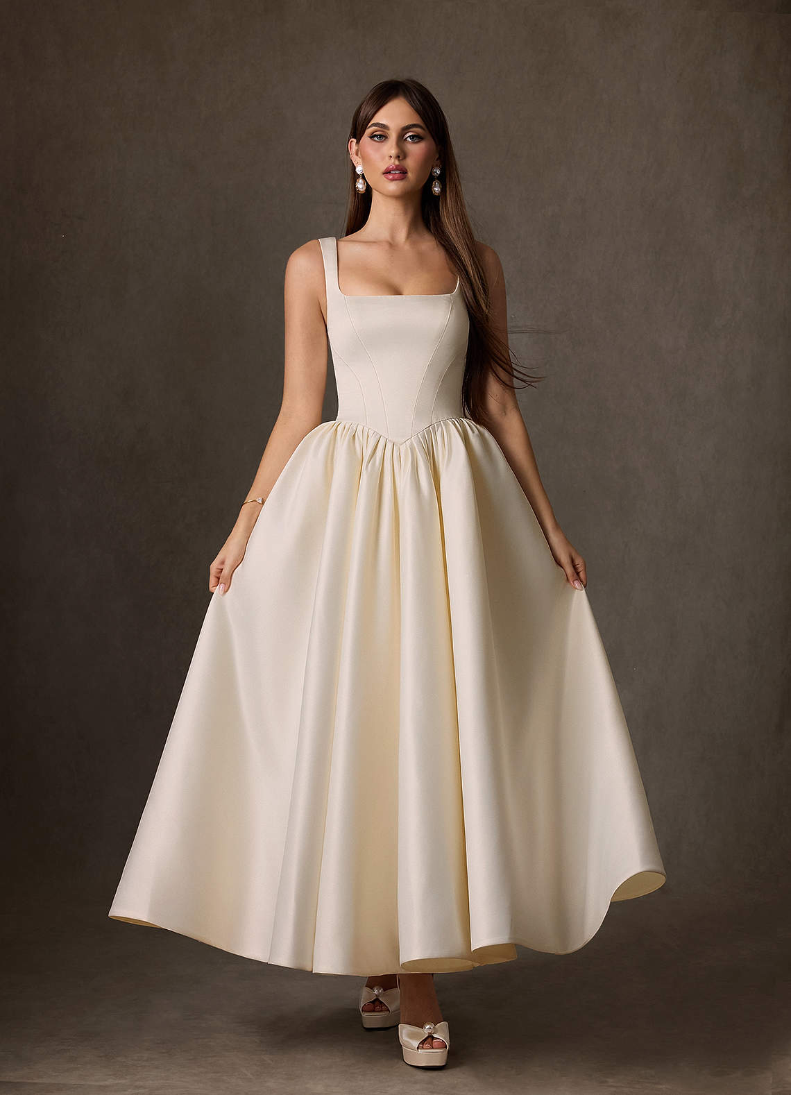 Azazie Verina Champagne A-Line with Pockets Satin Dress | Azazie