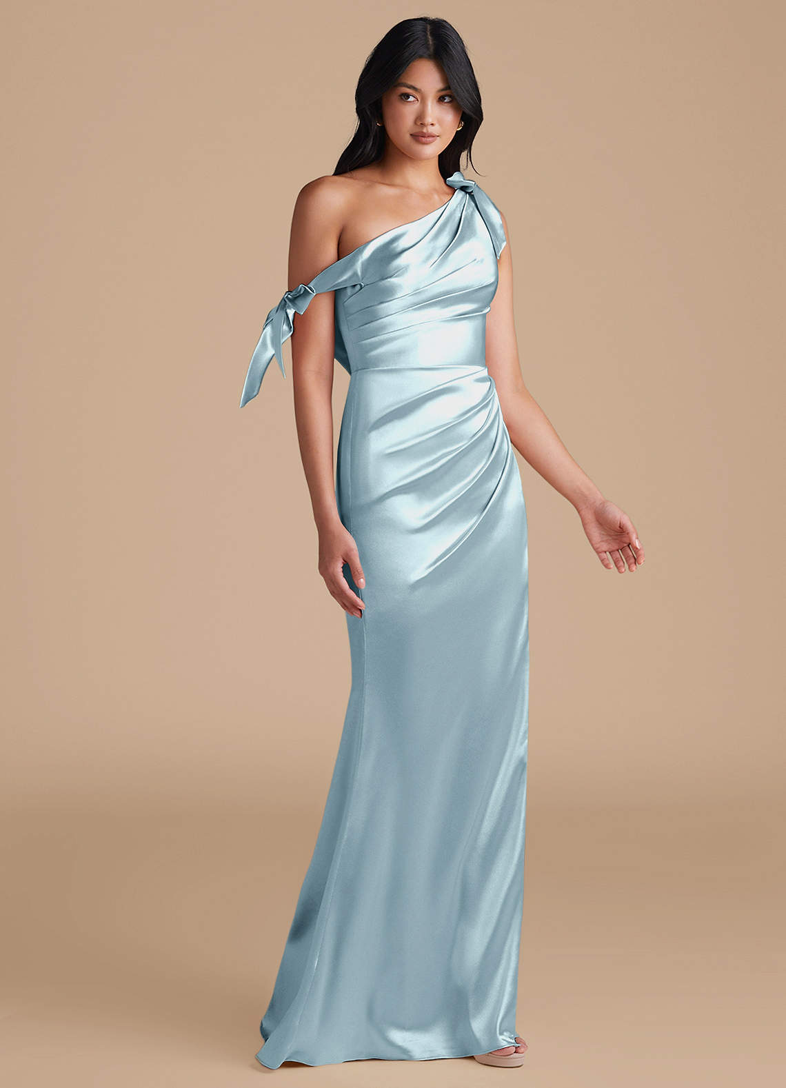 Azazie Xyla Bridesmaid Dresses Sky Blue Sheath Off the Shoulder Metallic Satin Convertible Dress image6