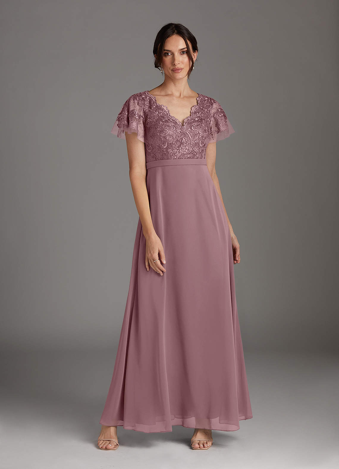 Azazie Singer Mother of the Bride Dresses Dusty Rose A-Line V-Neck Lace Chiffon Dress image1