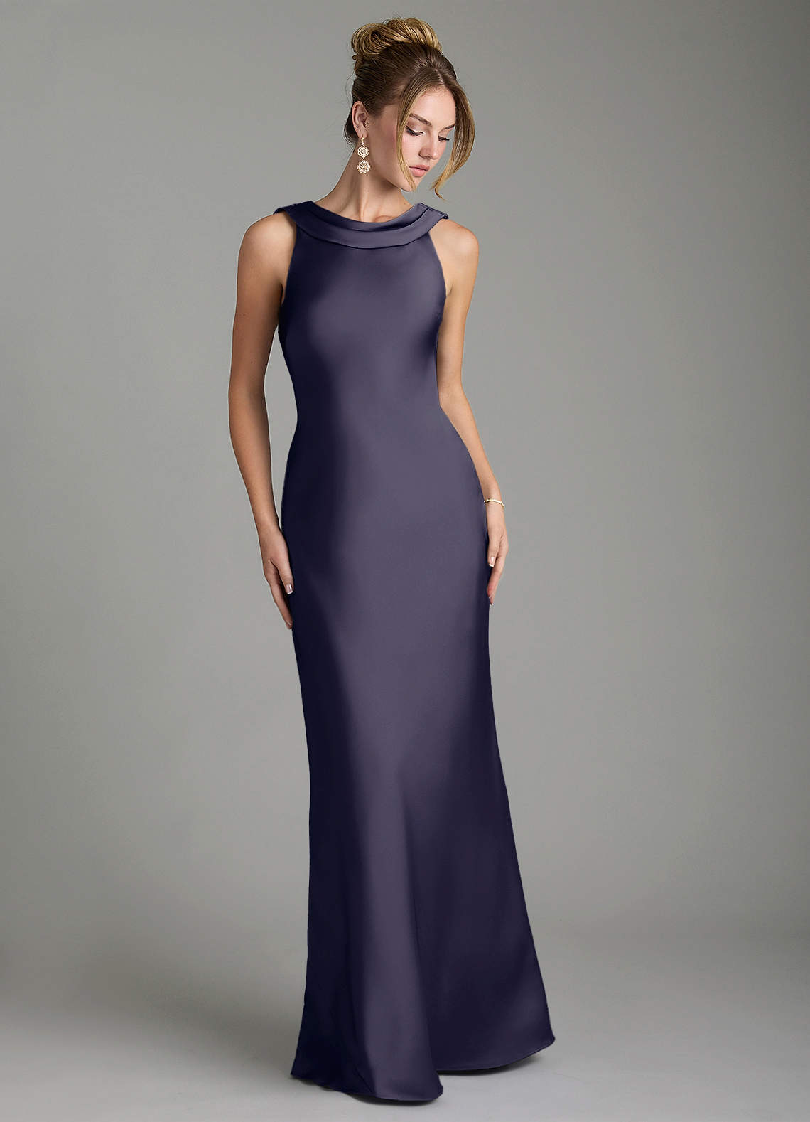 Azazie Sheath Boat Neck Floor-Length Stretch Satin Bridesmaid Dresses - Stormy Azazie Sheath Boat Neck Floor-Length Stretch Satin Bridesmaid Dresses - Stormy