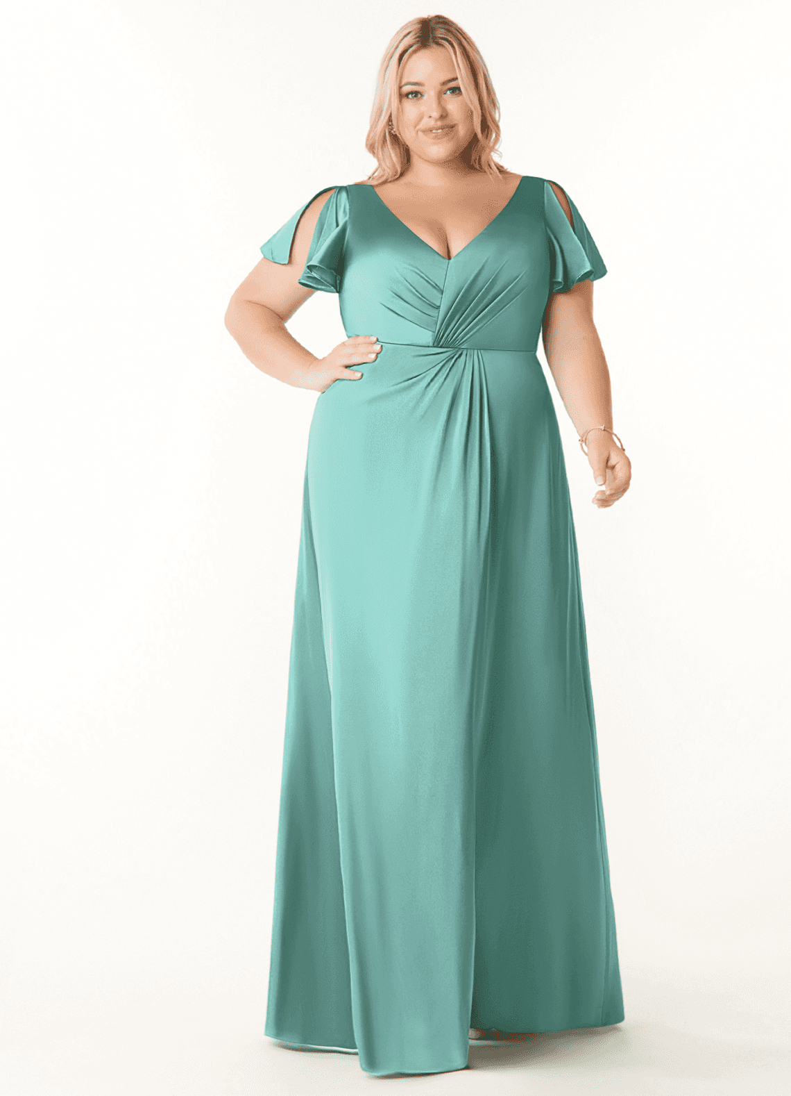 Azazie Soren Bridesmaid Dresses Aqua A-Line Pleated Stretch Satin Dress image1
