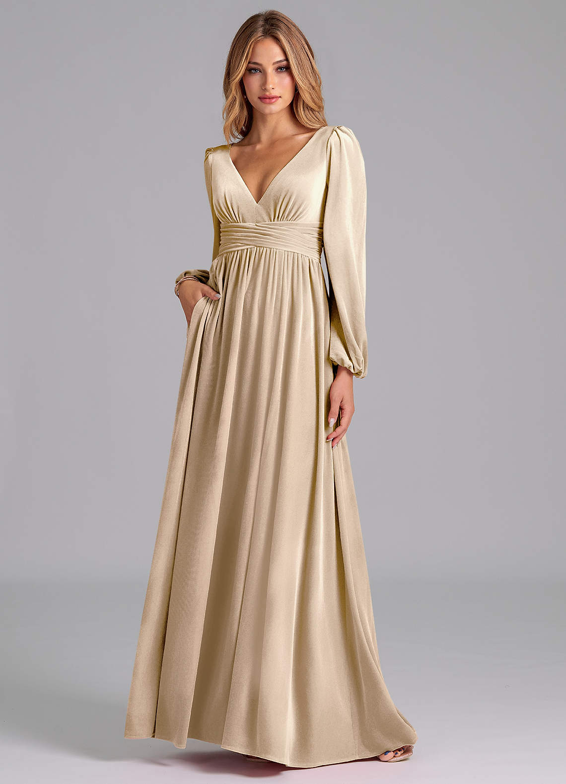 Azazie Norah Bridesmaid Dresses Champagne A-Line Long Sleeve Velvet Dress image1