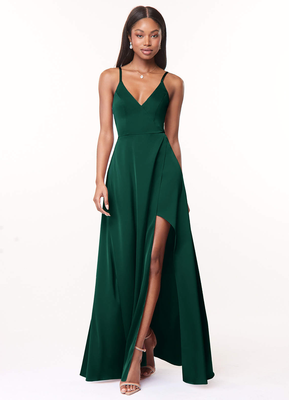 Azazie Maksim Bridesmaid Dresses Emerald A-Line V-Neck Stretch Satin Dress image1