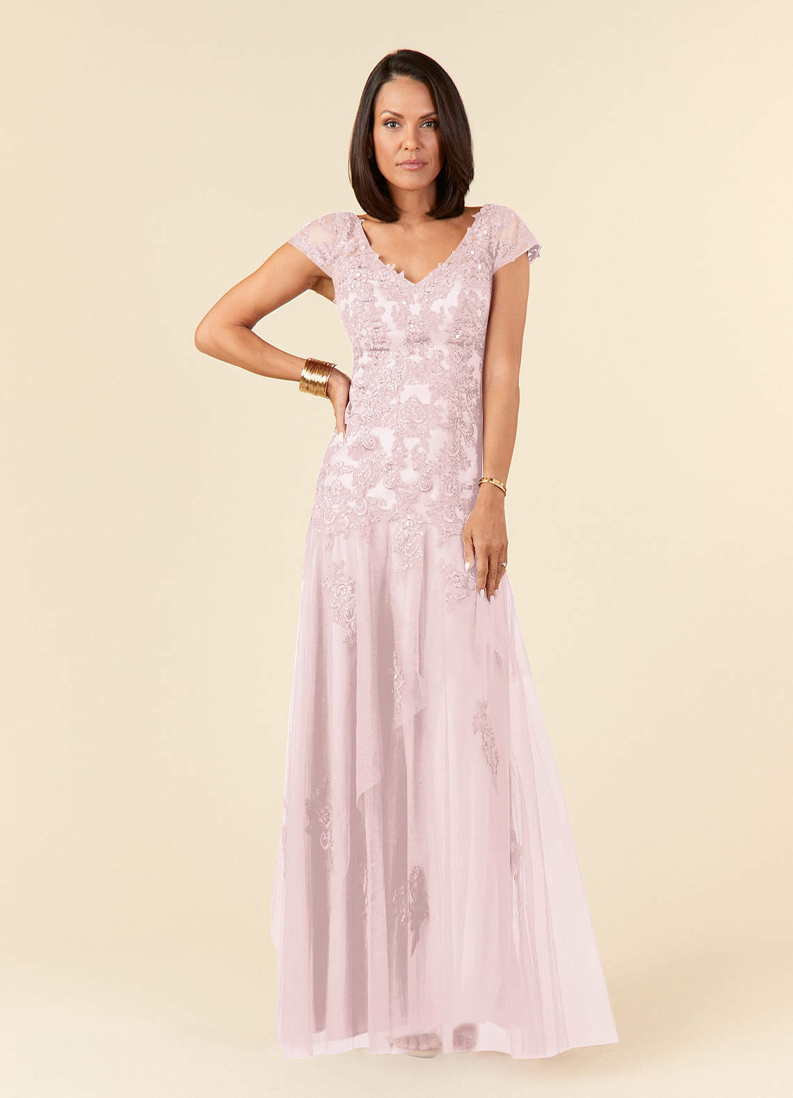 Azazie Romy Blushing Pink Mermaid V-Neck Sequins Tulle Dress | Azazie