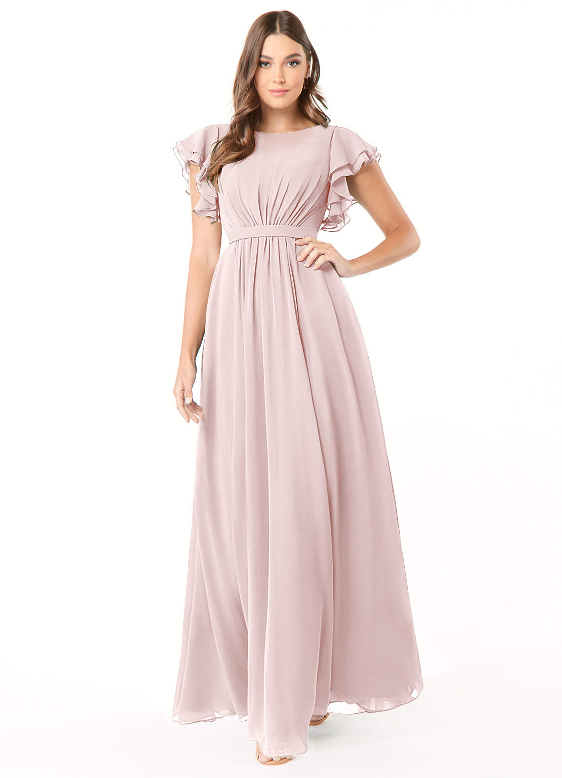Azazie A-Line/Princess Illusion Floor-Length Chiffon Modest Bridesmaid Dresses - Blushing Pink