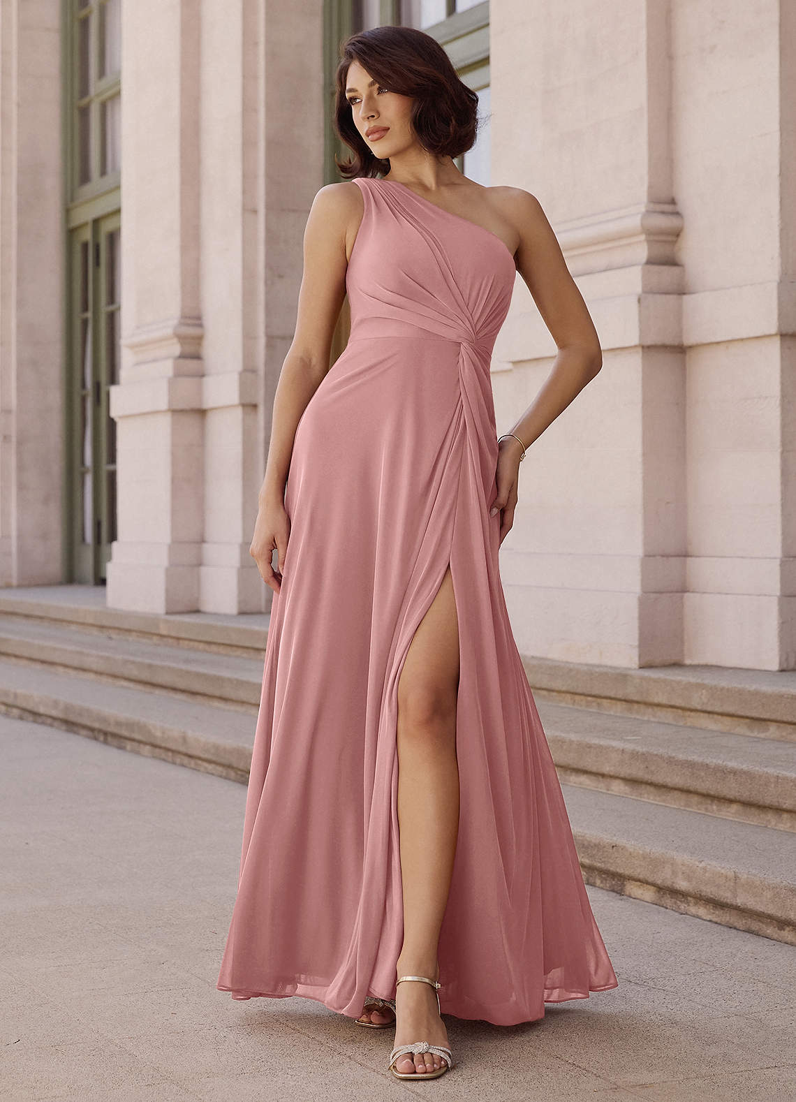 Azazie Brooke Bridesmaid Dresses Dusty Rose A-Line One Shoulder Chiffon Dress image1