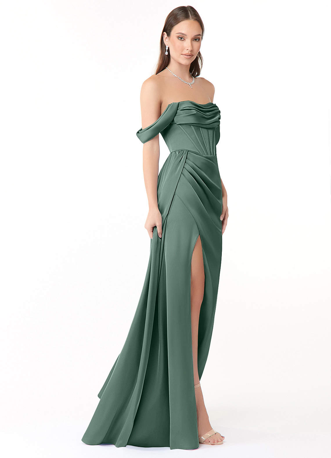 Azazie Amyra Bridesmaid Dresses Eucalyptus Mermaid Off the Shoulder Stretch Satin Convertible Dress image3