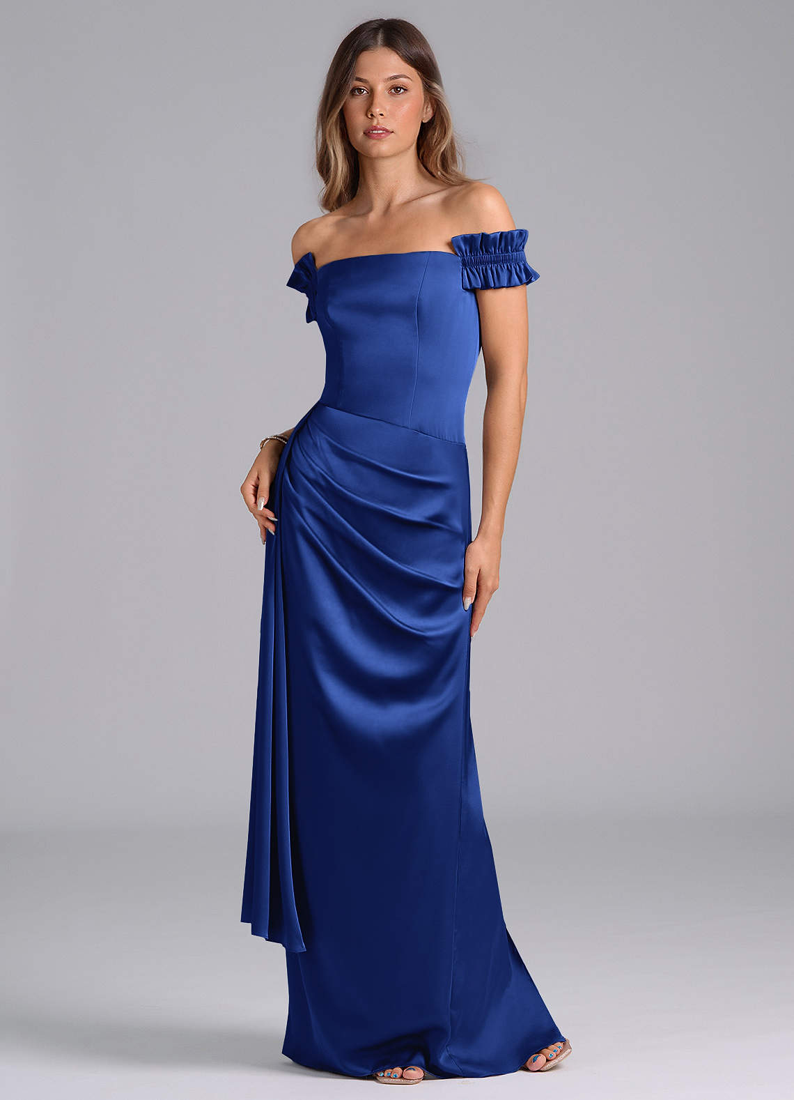 Azazie Kalysia Bridesmaid Dresses Royal Blue Mermaid Off the Shoulder Stretch Satin Convertible Dress image1
