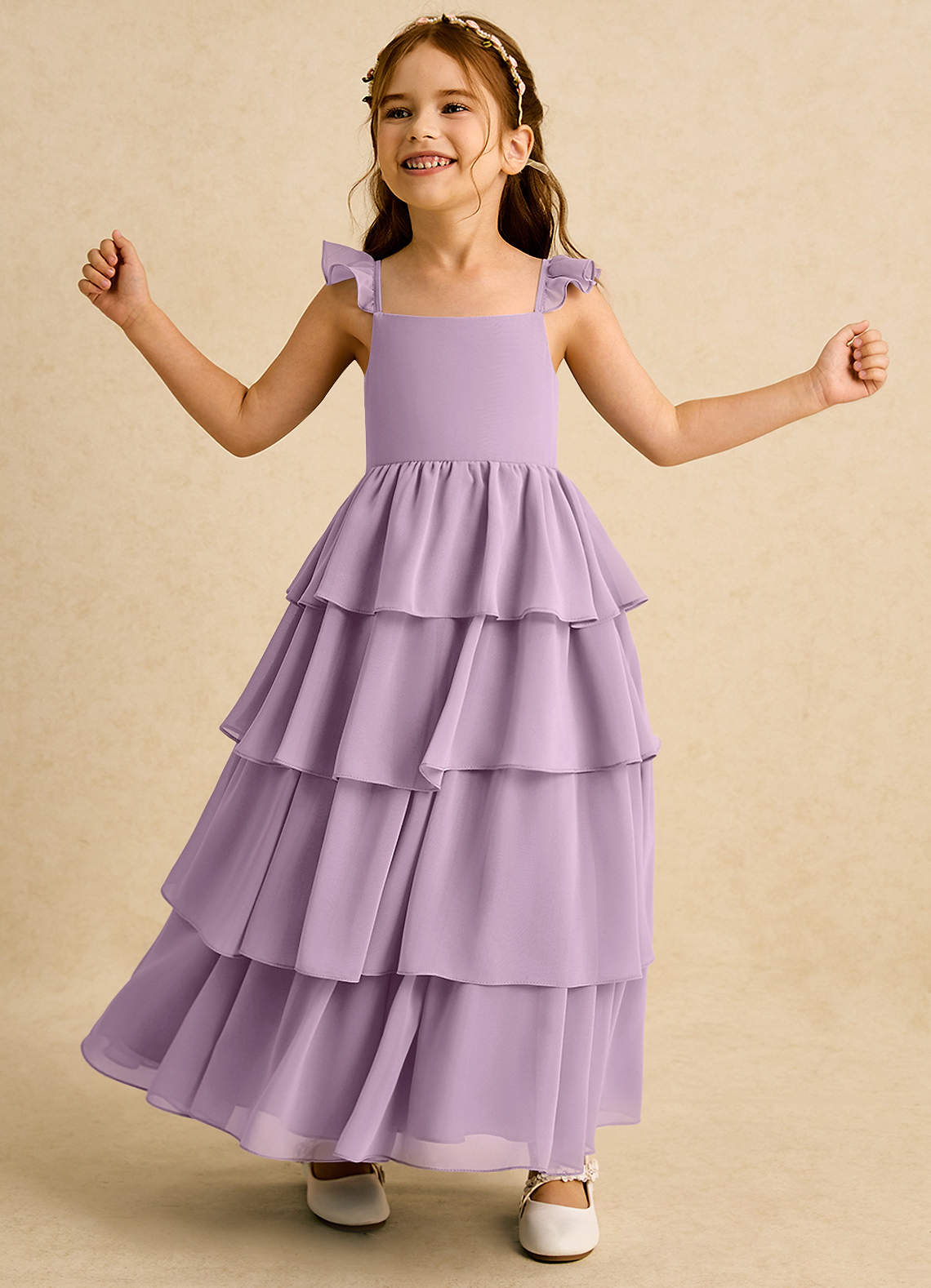 Azazie Boba vestidos de niña de las flores Vestido de Glicinia de Gasa de Corte En A con Escote Cuadrado image1