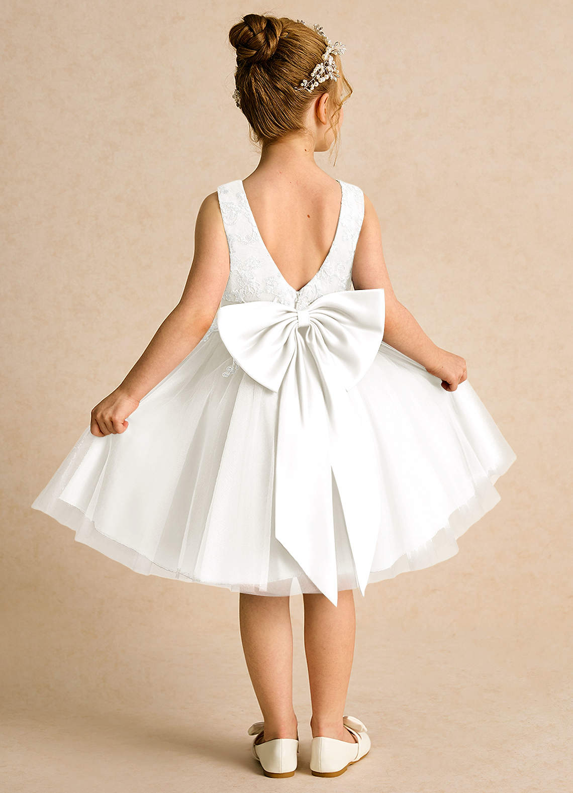 Azazie Butterfly Flower Girl Dresses Ivory A-Line Lace Dress image1