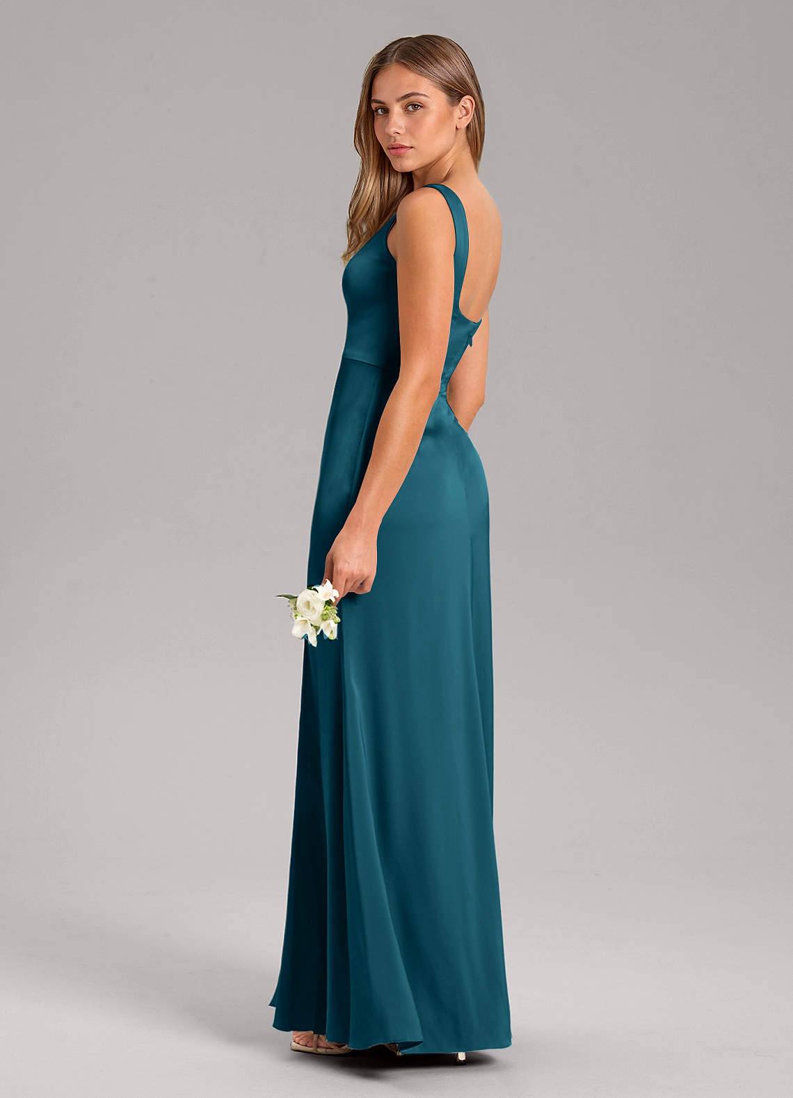 Azazie Frostine Bridesmaid Dresses Ink Blue A-Line Bow Stretch Satin Dress image12