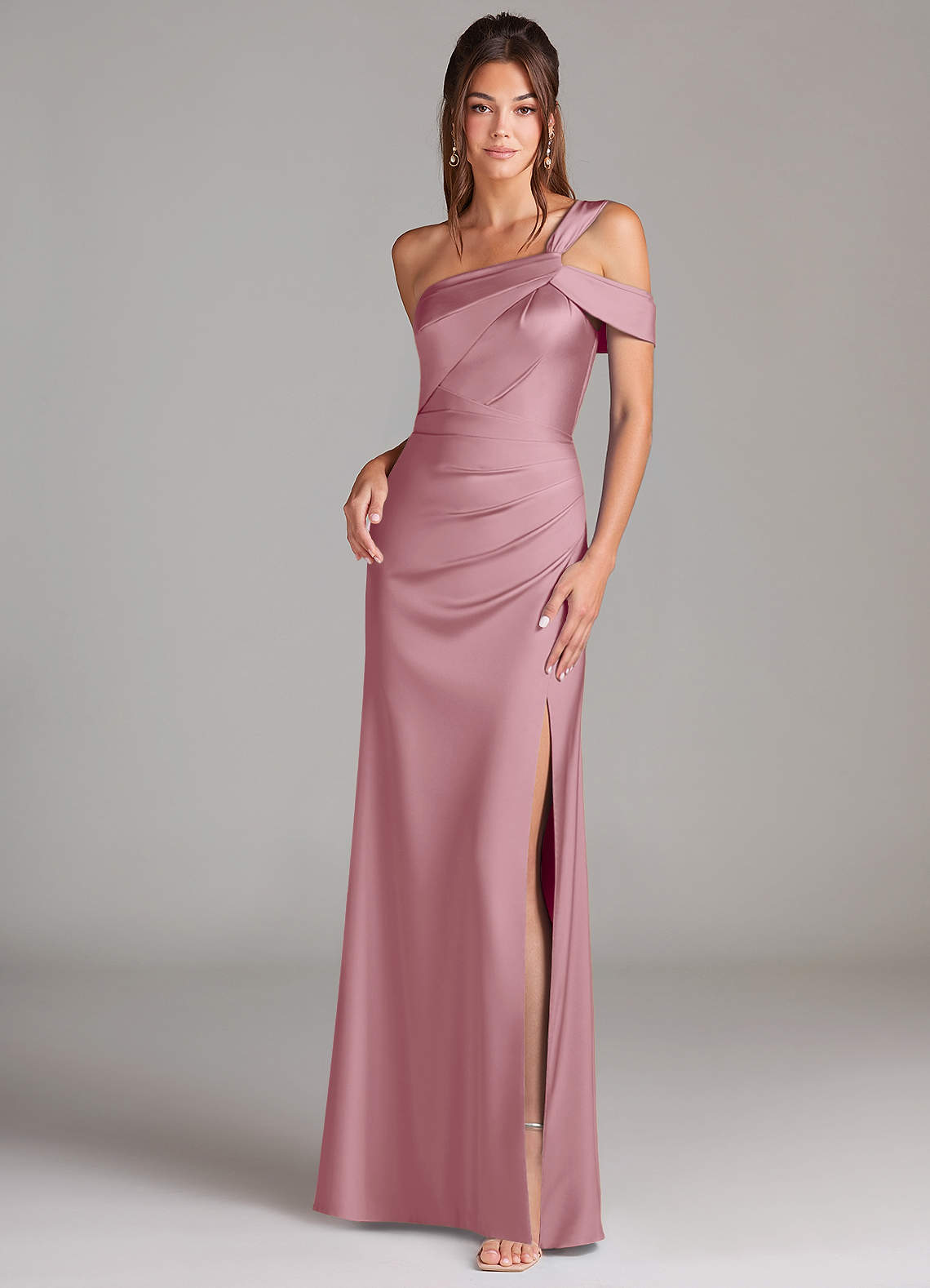 Azazie Wynter Bridesmaid Dresses Vintage Mauve Sheath Off the Shoulder Stretch Satin Dress image1