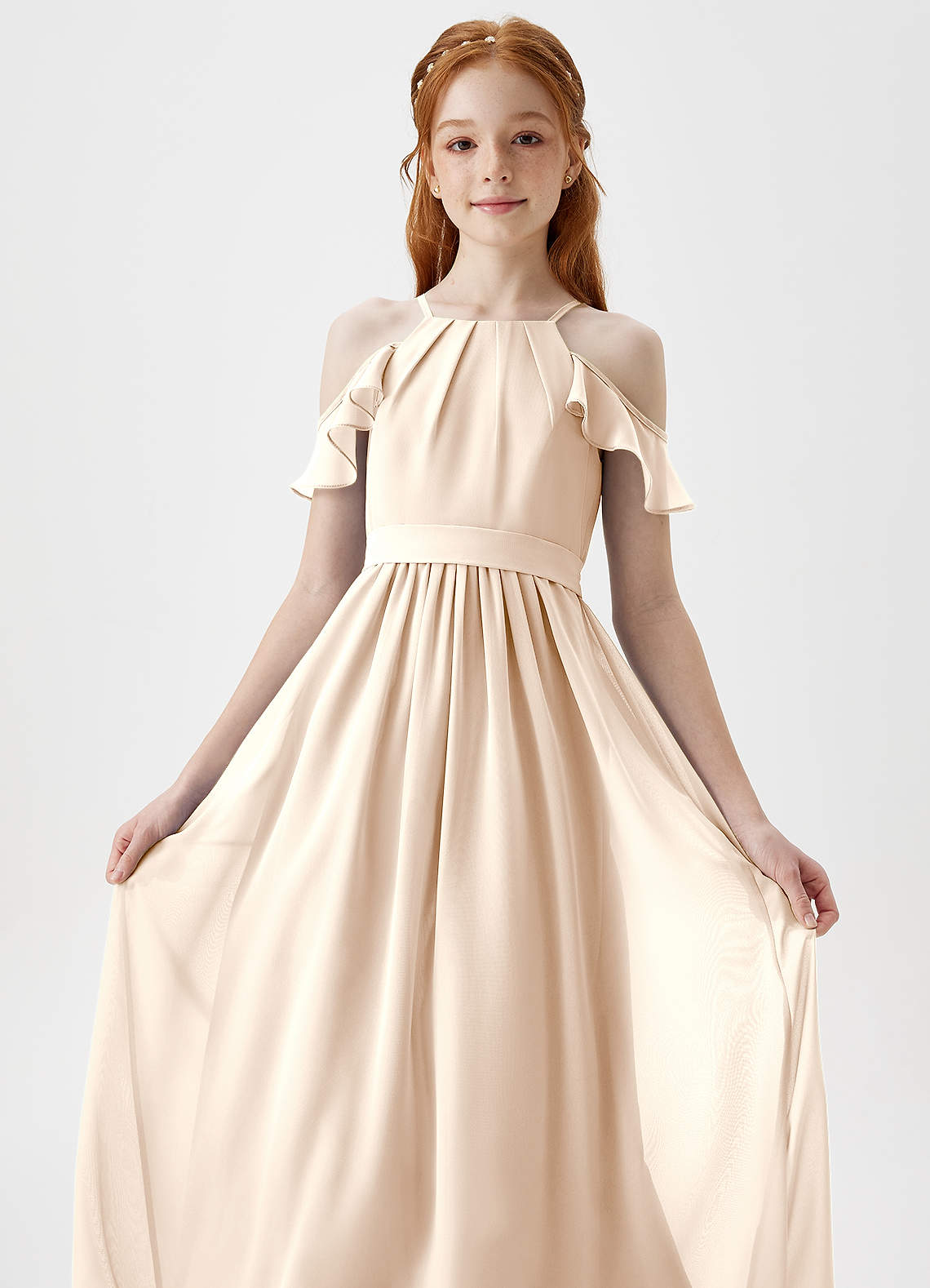 Azazie Chaya Junior Vestido de Alabastro Blanco de Gasa de Corte En A con Vestidos sin tirantes image1
